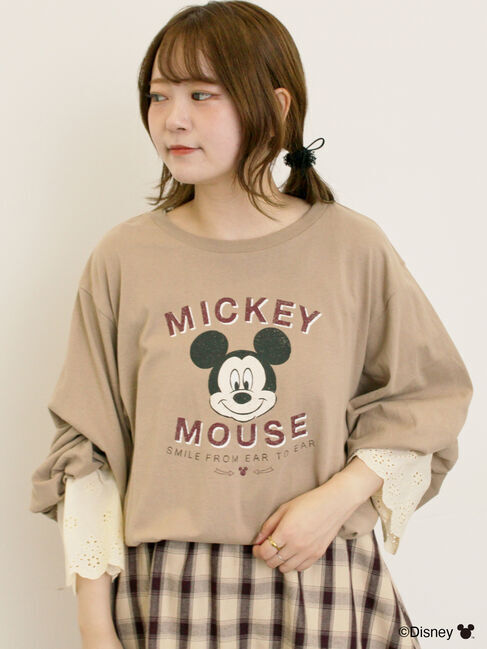 Samansa Mos2「【Disney】ミッキーマウス/袖口レースロンT」|Tシャツ・カットソー|モカ