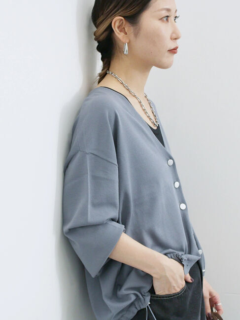 Samansa Mos2 blue「裾ドロストニットカーディガン」|カーディガン|