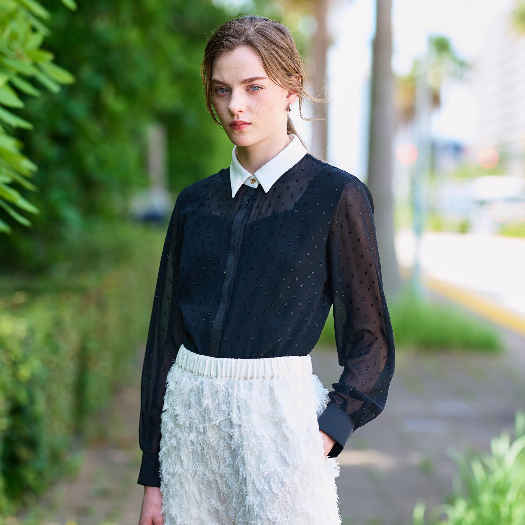 DRESSTERIOR「【洗える/シアー素材】フィルムドットクレリックブラウス」|シャツ・ブラウス|