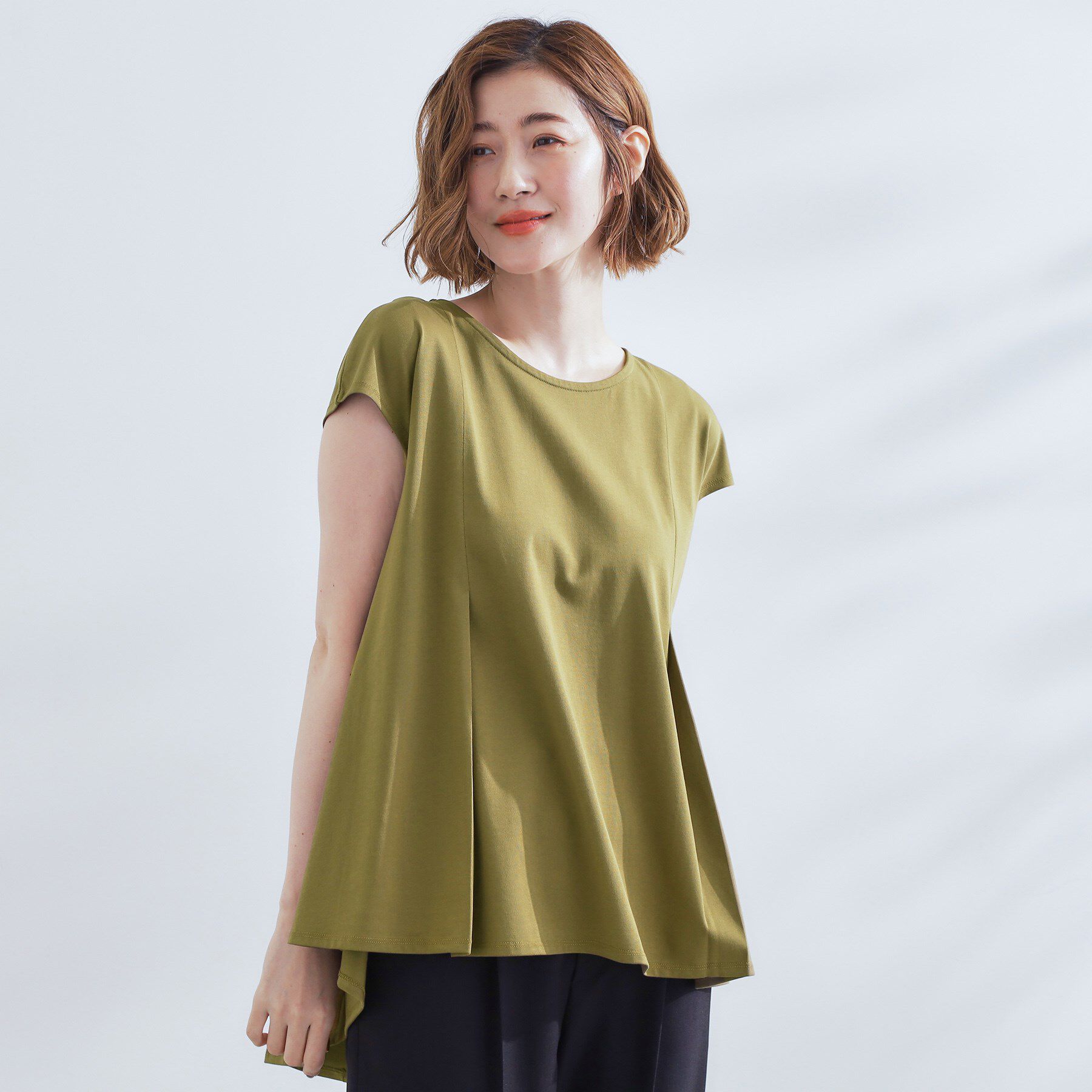 grove「すっきり見え　ペプラムフレンチスリーブカットソー」|Tシャツ・カットソー|オリーブグリーン(0