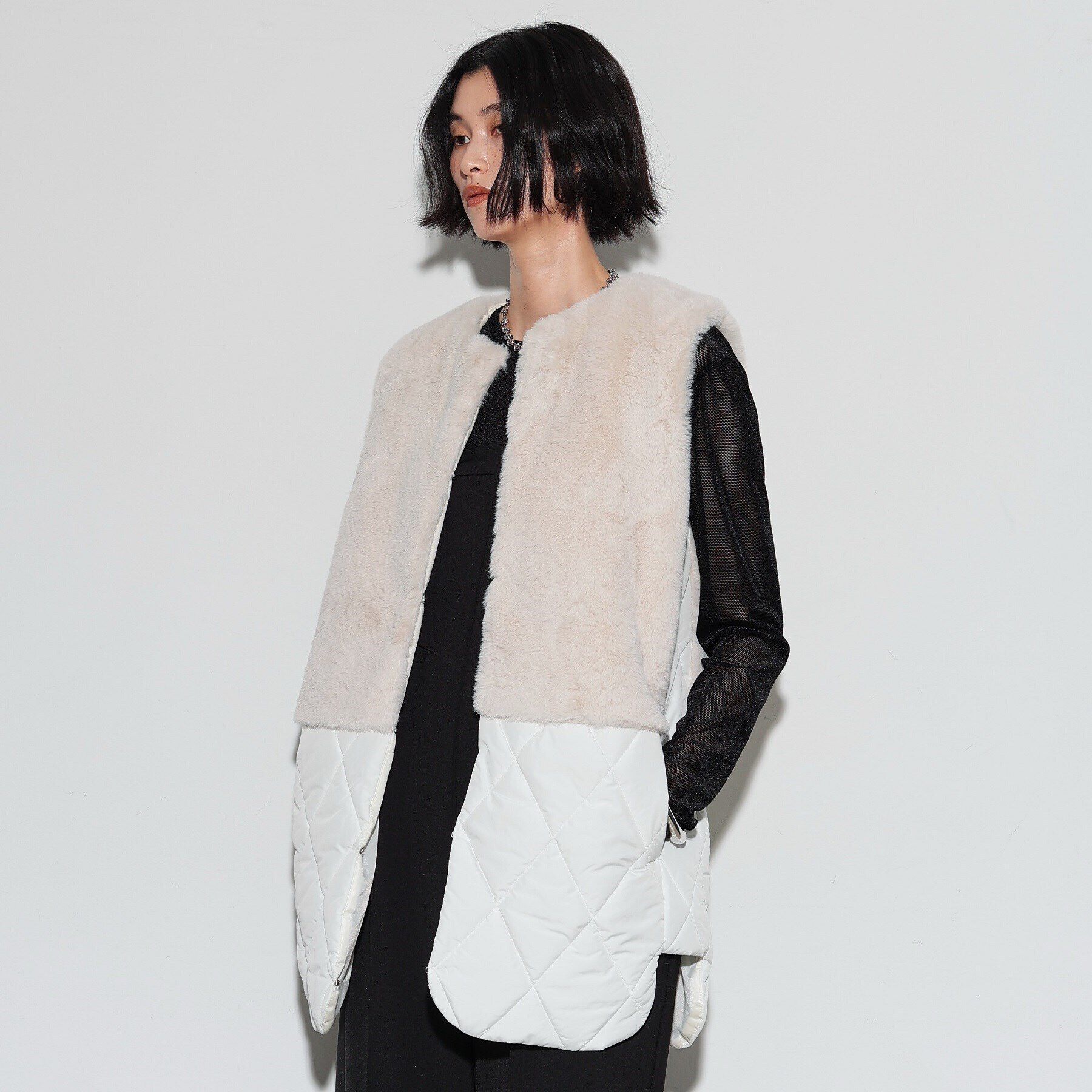 GALLEST「キルティングフェイクファードッキングジレ」|ダウン|ﾎﾜｲﾄ(001)