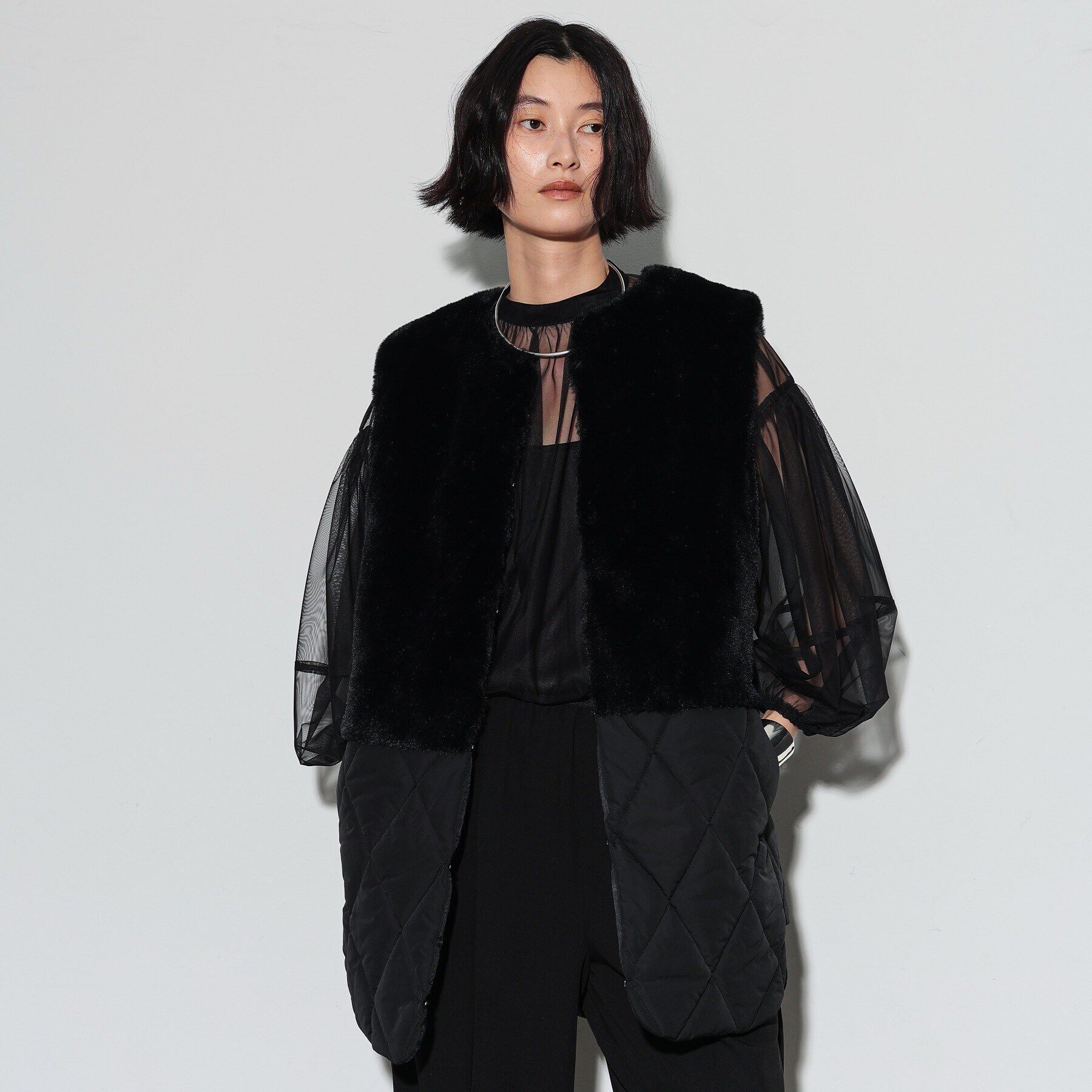 GALLEST「キルティングフェイクファードッキングジレ」|ダウン|ﾌﾞﾗｯｸ(019)