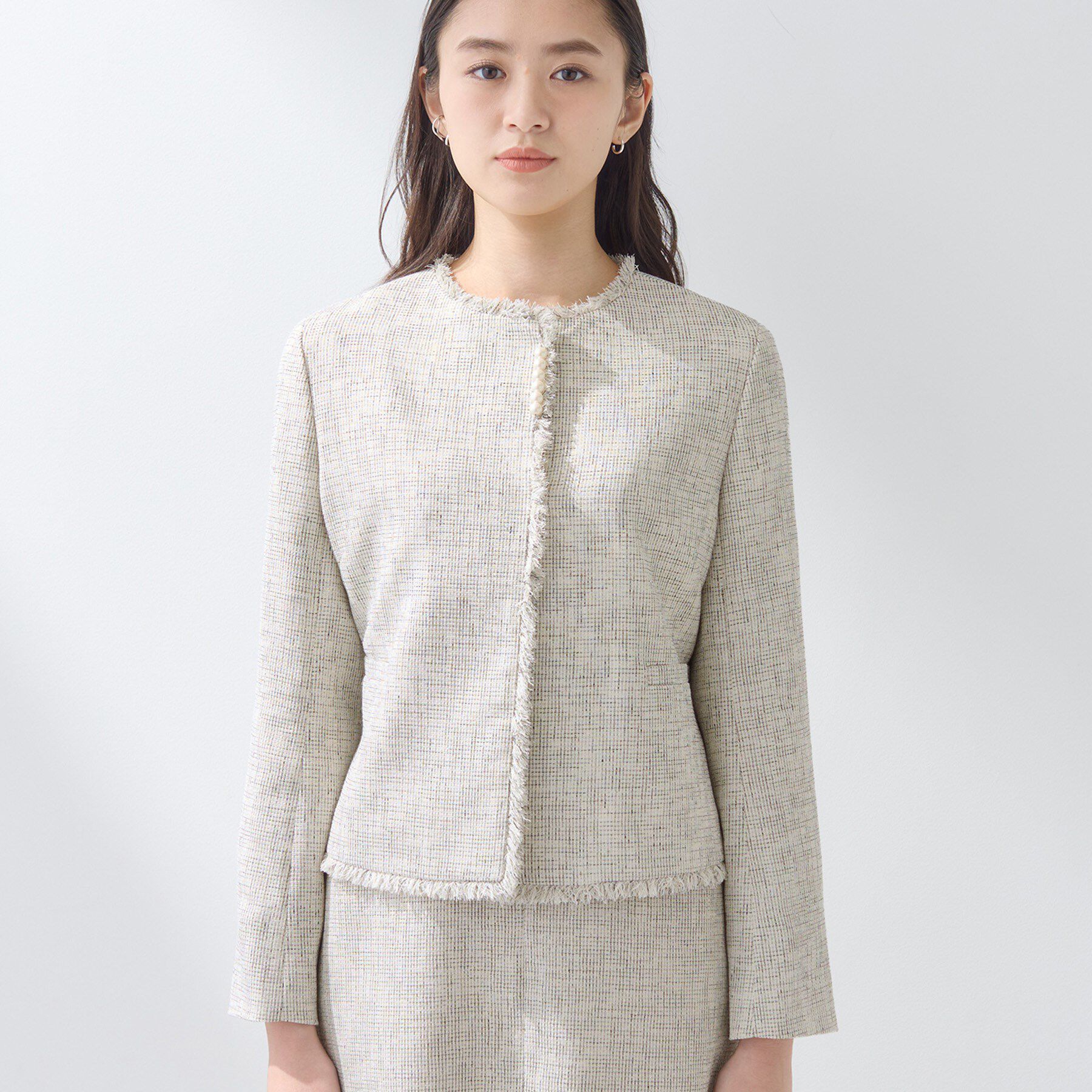 INDIVI「【軽量／SETUP可能】ストレッチツイードジャケット」|ノーカラージャケット|