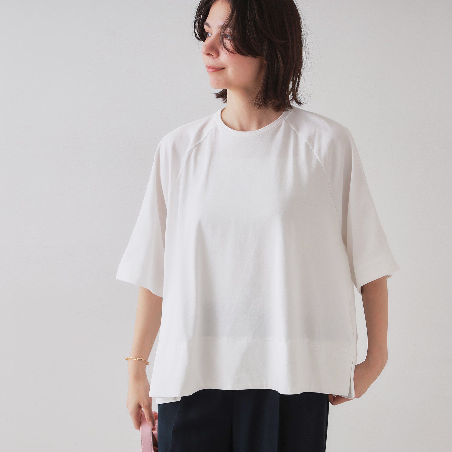 OPAQUE.CLIP「バックフハクドッキングAラインカットソー【洗濯機洗い可】」|Tシャツ・カットソー|ホワイト(001)