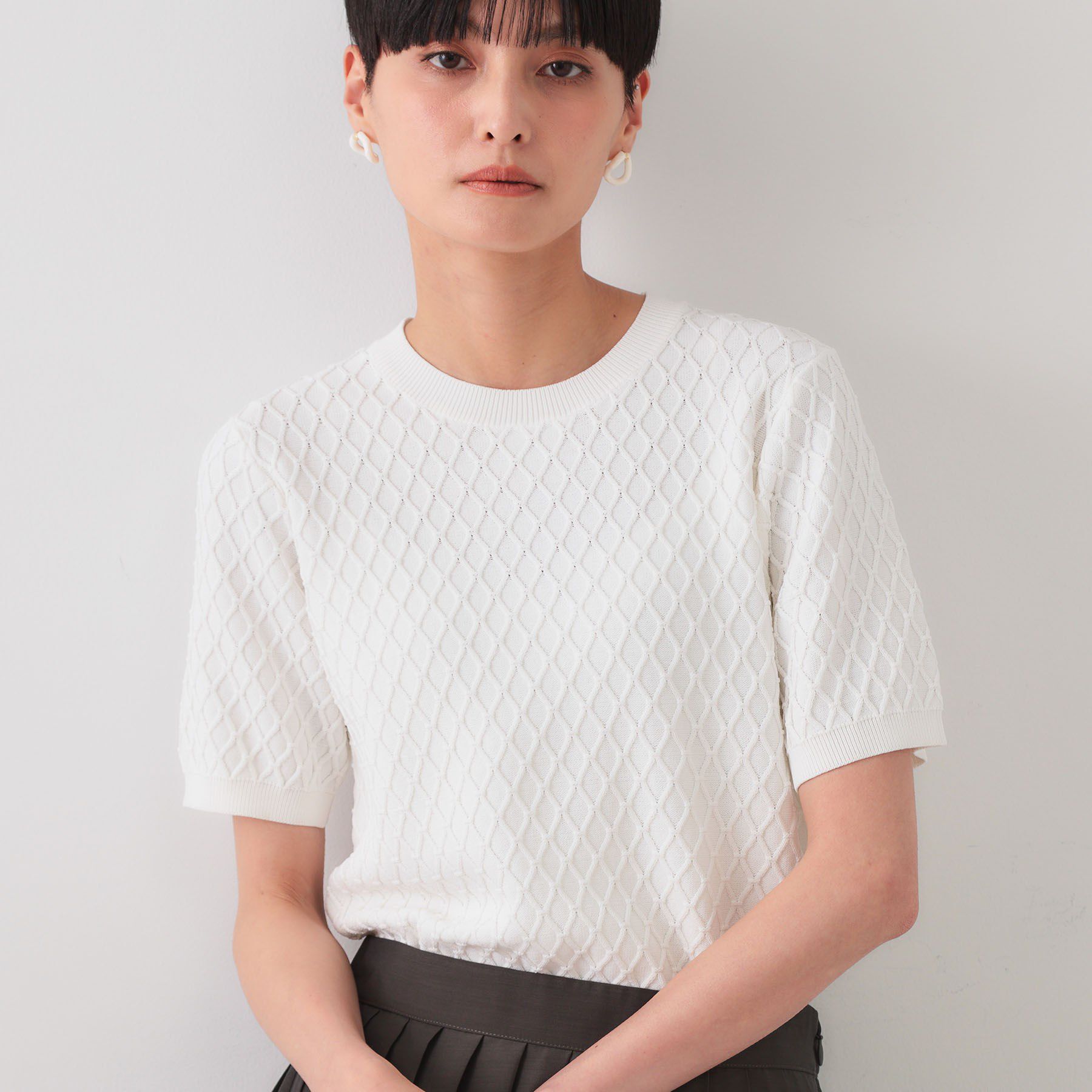 OPAQUE.CLIP「柄編みハーフスリーブニット【洗濯機洗い可】」|ニット・セーター|ホワイト(001)