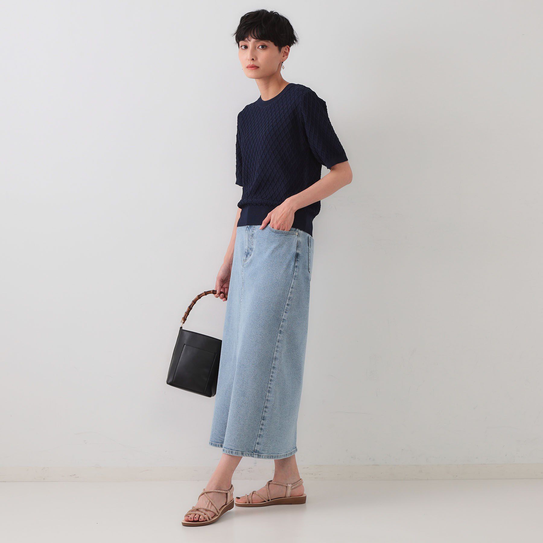 OPAQUE.CLIP「柄編みハーフスリーブニット【洗濯機洗い可】」|ニット・セーター|