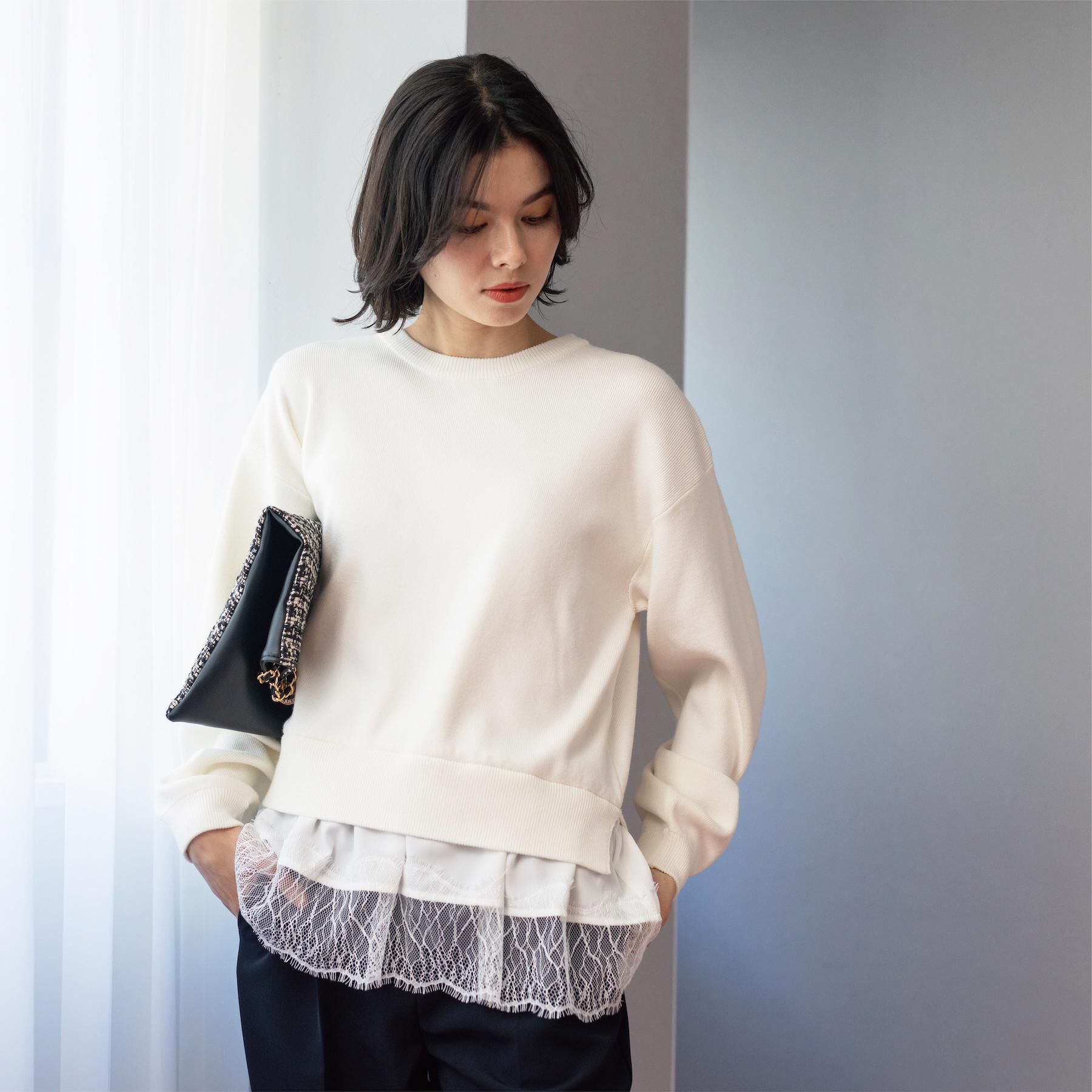 OPAQUE.CLIP「裾レースドッキングニット」|ニット・セーター|