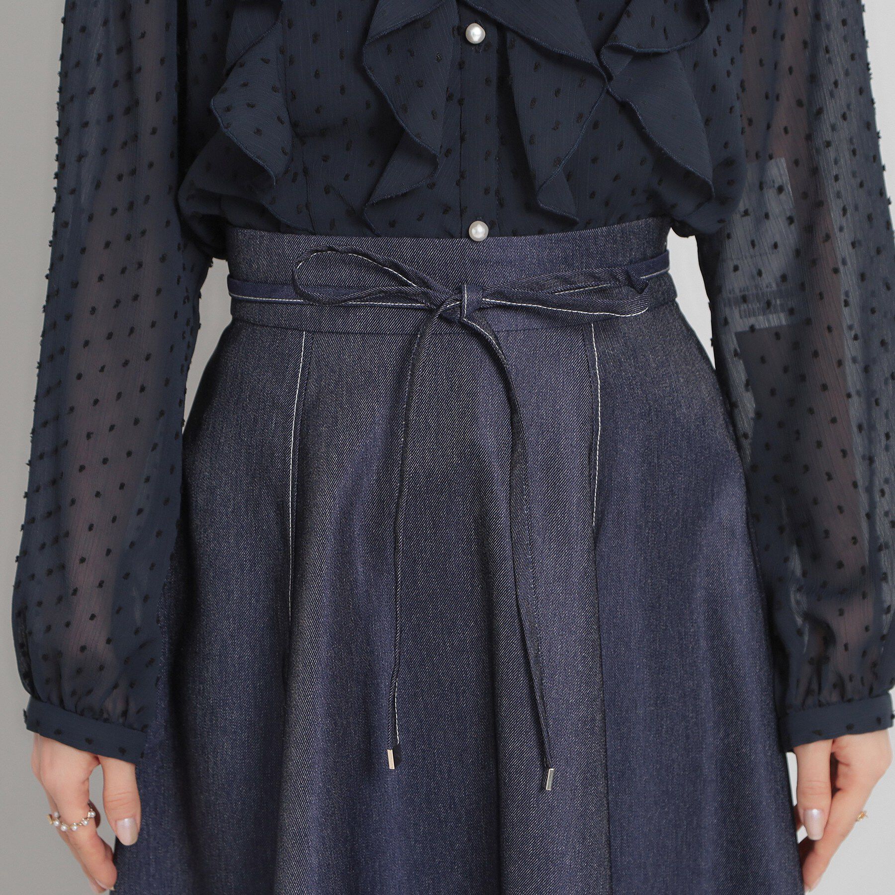 Couture broach「【洗える】デニムライク細リボンスカート」|スカート|