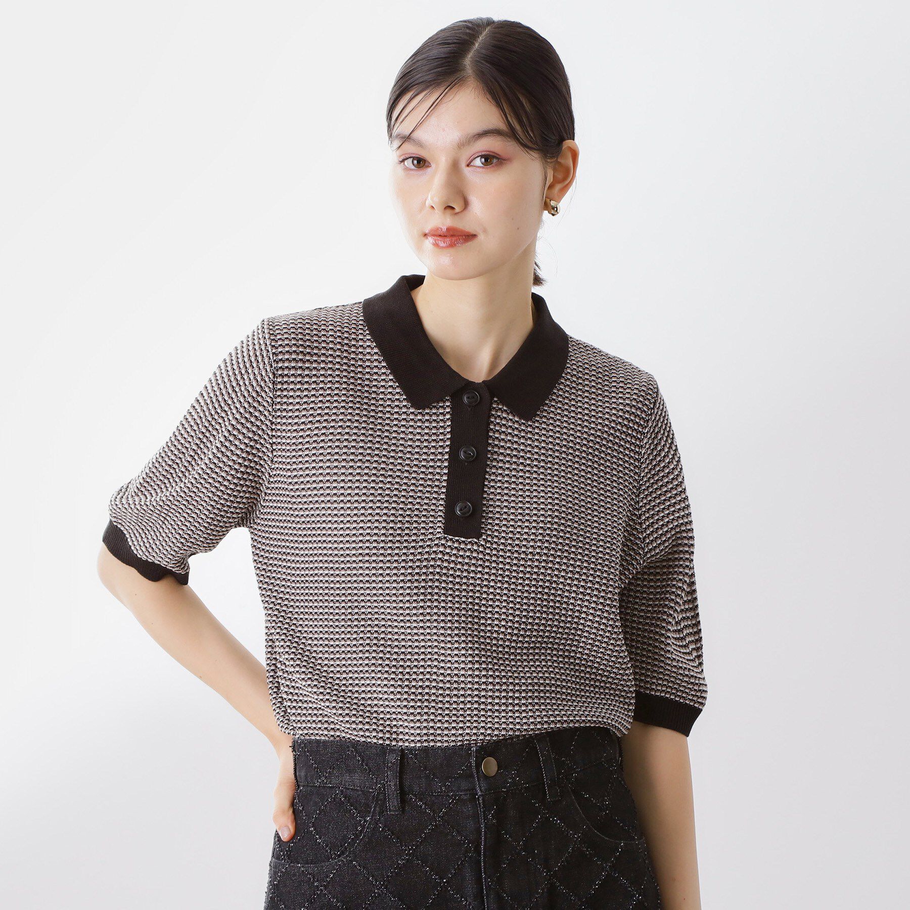 THE SHOP TK「【再入荷】柄アソートポロニットシャツ【洗濯機OK】」|ニット・セーター|ブラック(419)