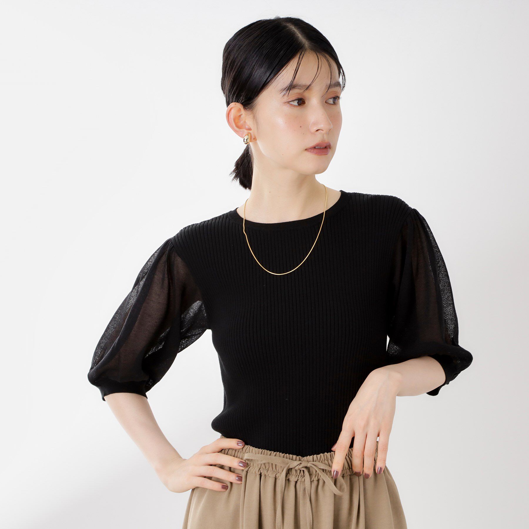 THE SHOP TK「シアーパフ袖ニット【洗濯機OK】」|ニット・セーター|ブラック(019)