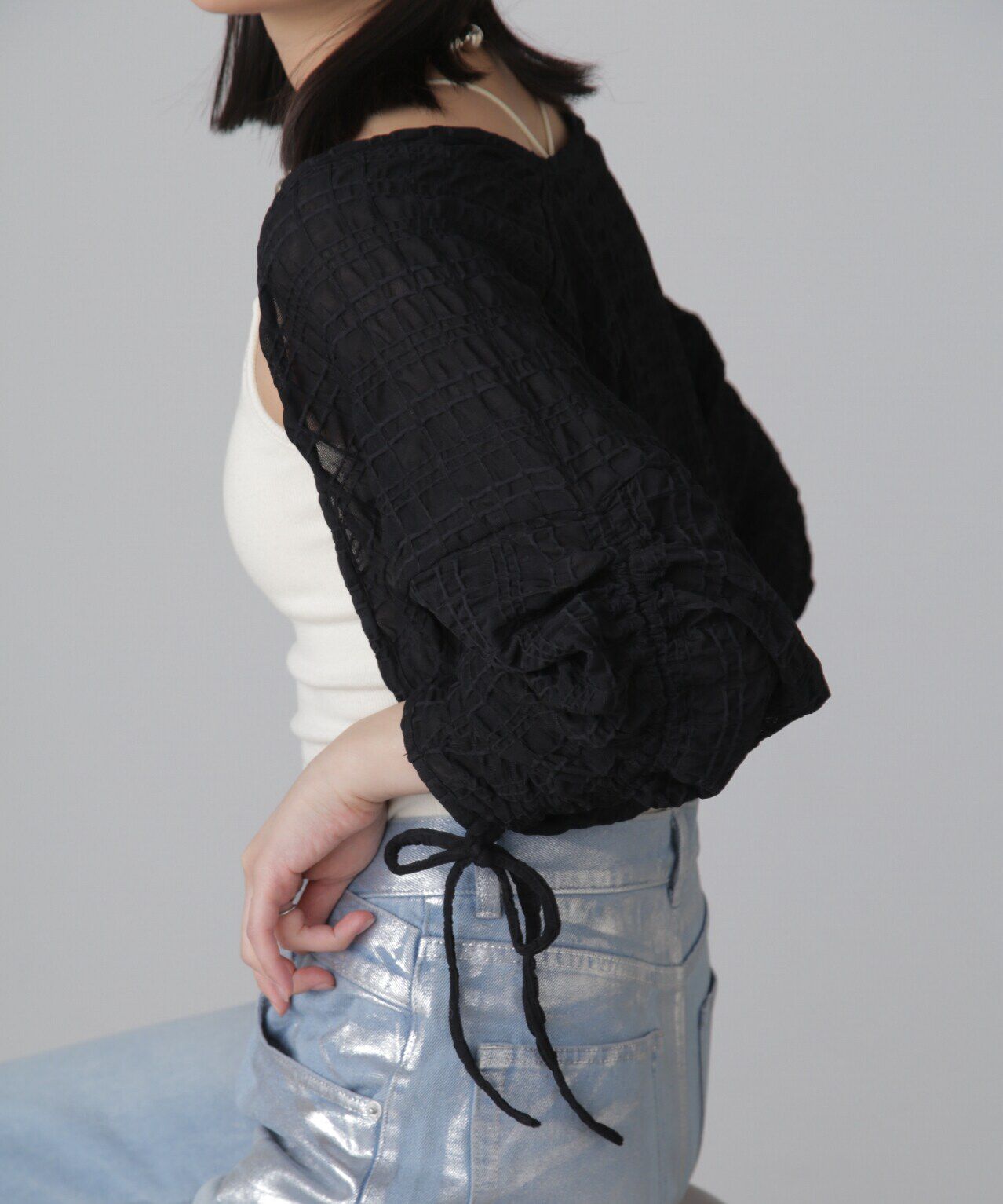  「シアーチェック袖シャーリングボレロ」|Tシャツ・カットソー|