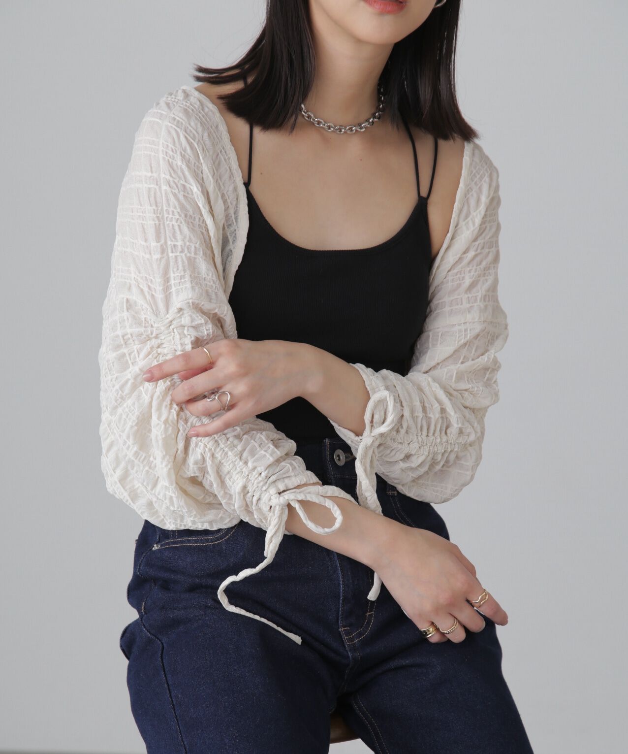  「シアーチェック袖シャーリングボレロ」|Tシャツ・カットソー|