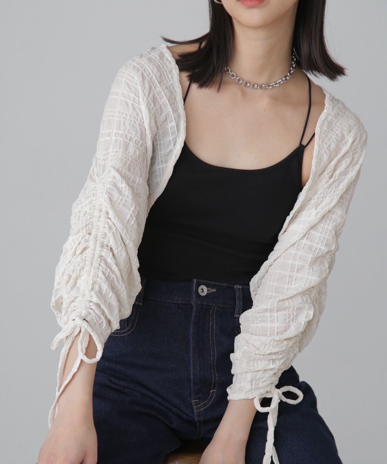  「シアーチェック袖シャーリングボレロ」|Tシャツ・カットソー|