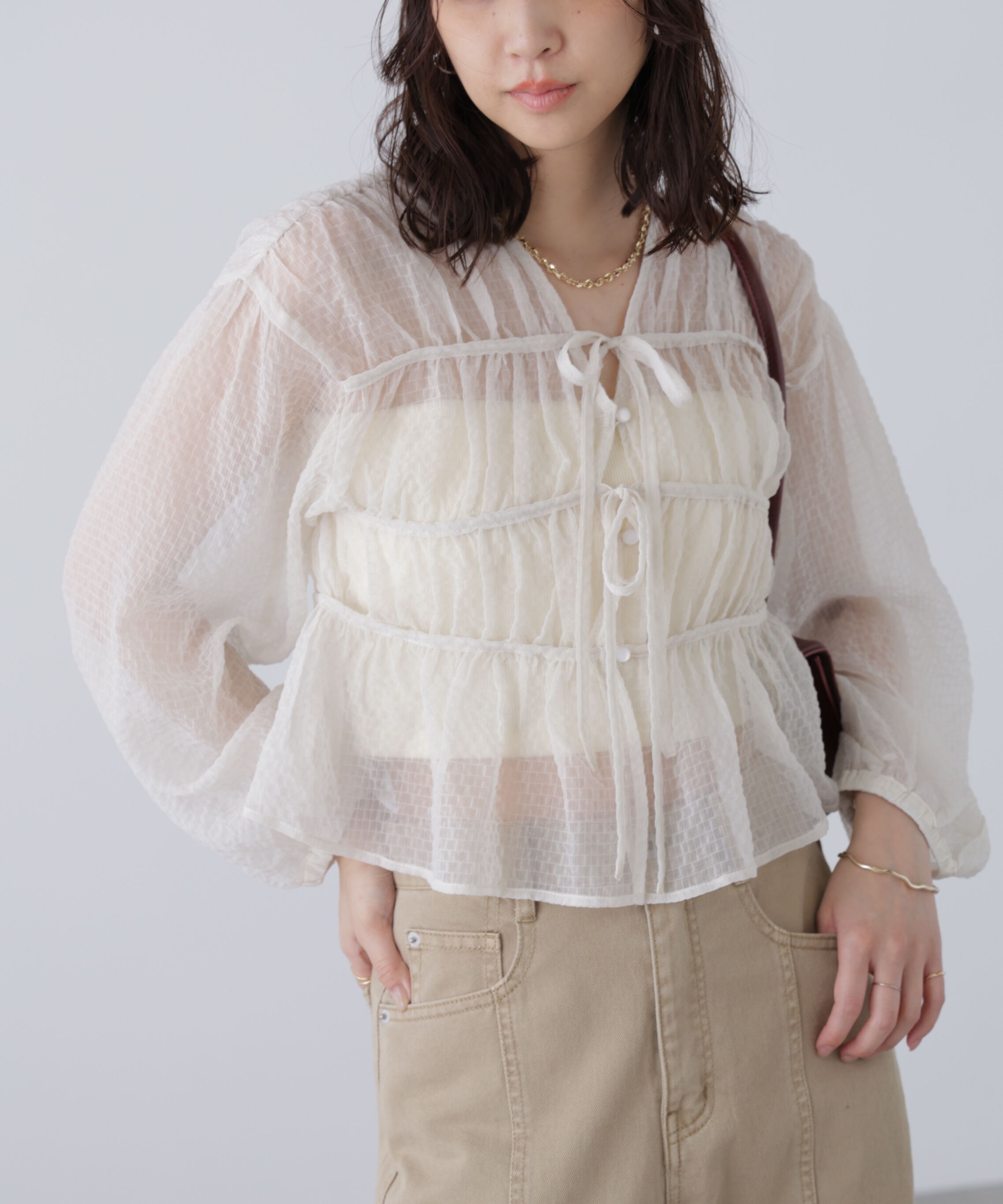  「シアーチェックギャザーリボン開きブラウス」|シャツ・ブラウス|