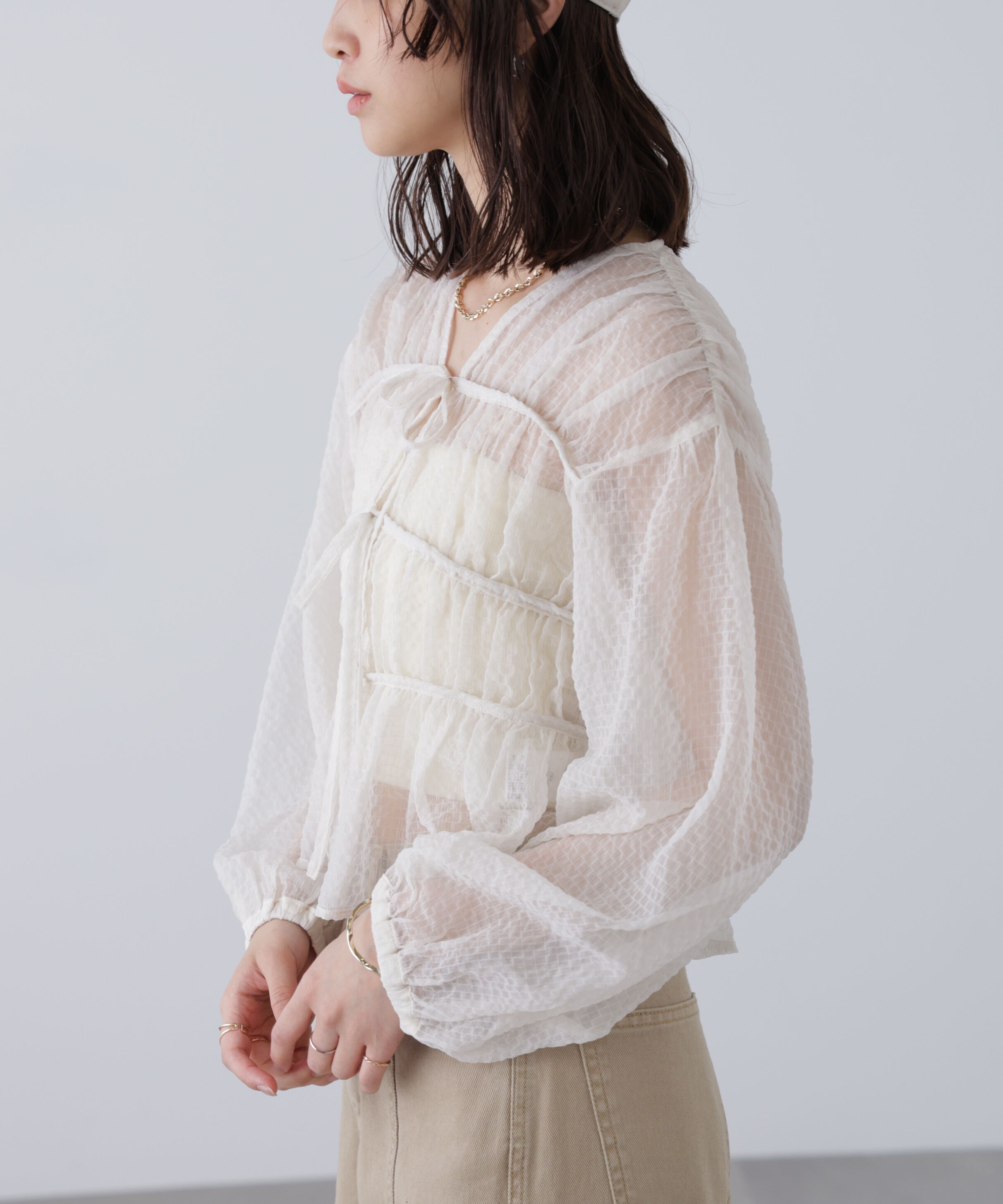  「シアーチェックギャザーリボン開きブラウス」|シャツ・ブラウス|