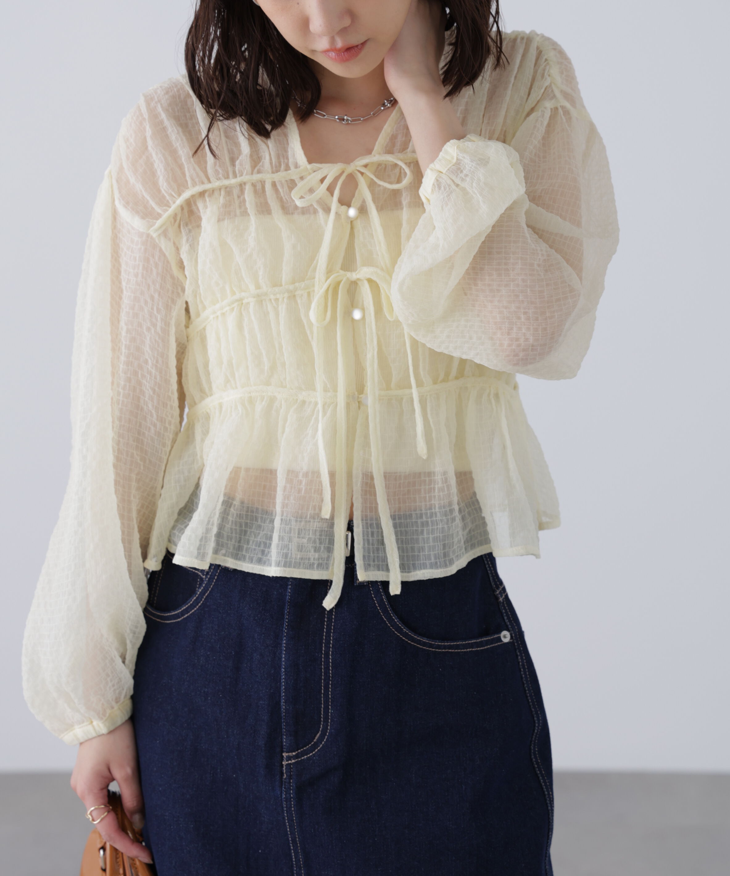  「シアーチェックギャザーリボン開きブラウス」|シャツ・ブラウス|