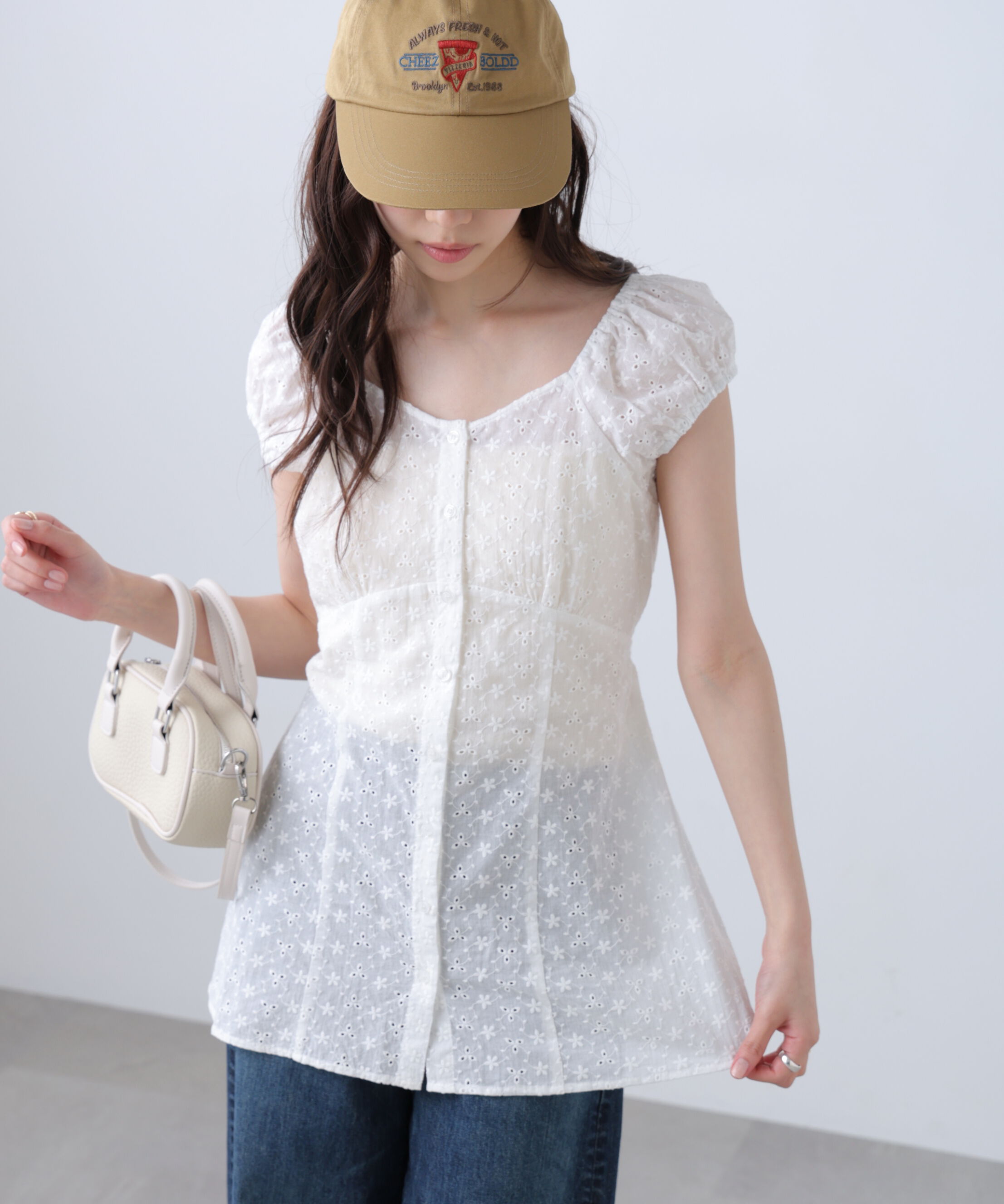  「バックリボン前開きパフスリーブレースチュニックブラウス」|Tシャツ・カットソー|オフ