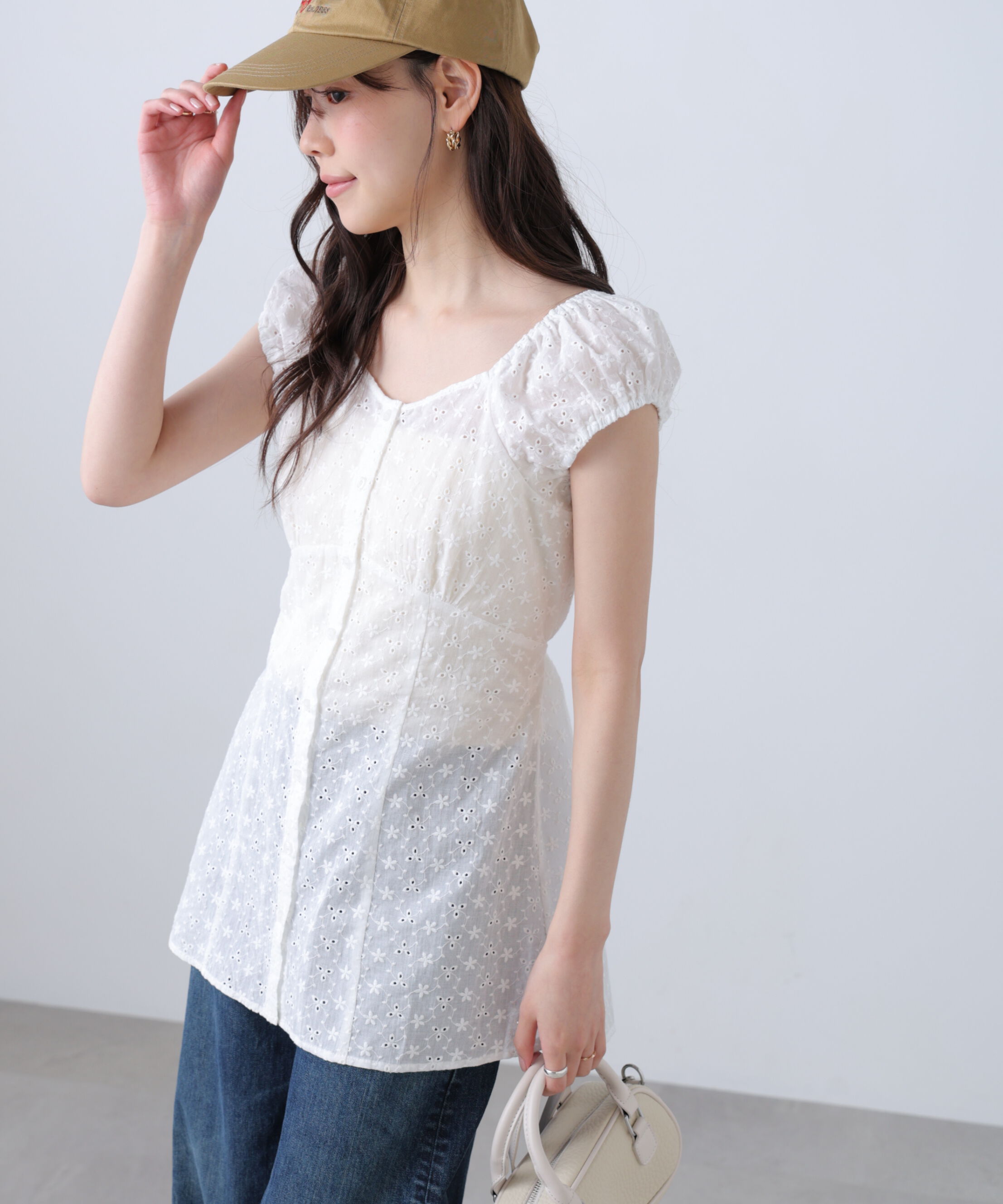  「バックリボン前開きパフスリーブレースチュニックブラウス」|Tシャツ・カットソー|