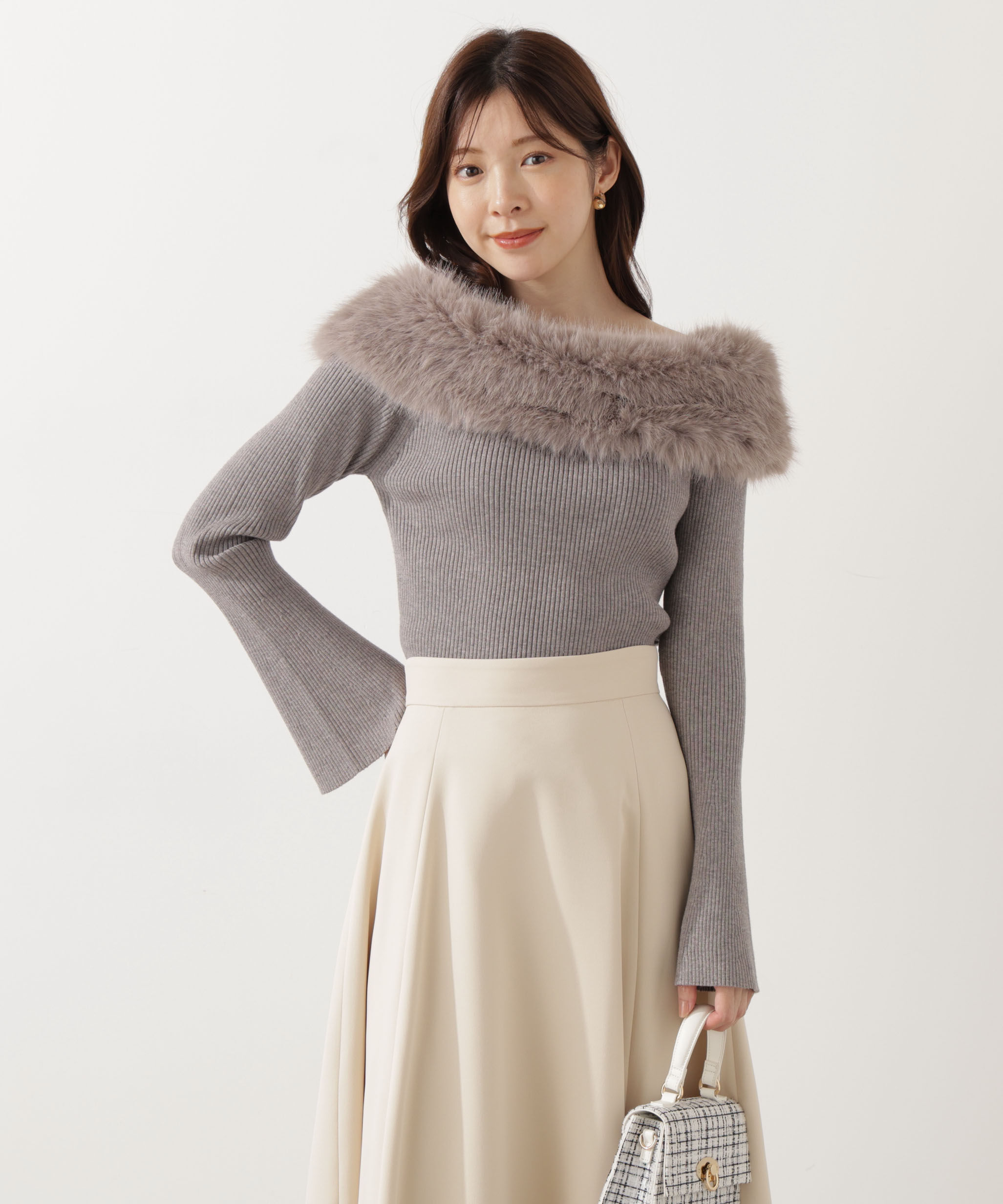 PROPORTION BODY DRESSING「フェイクファー付きオフショルニット 25AW」|ニット・セーター|