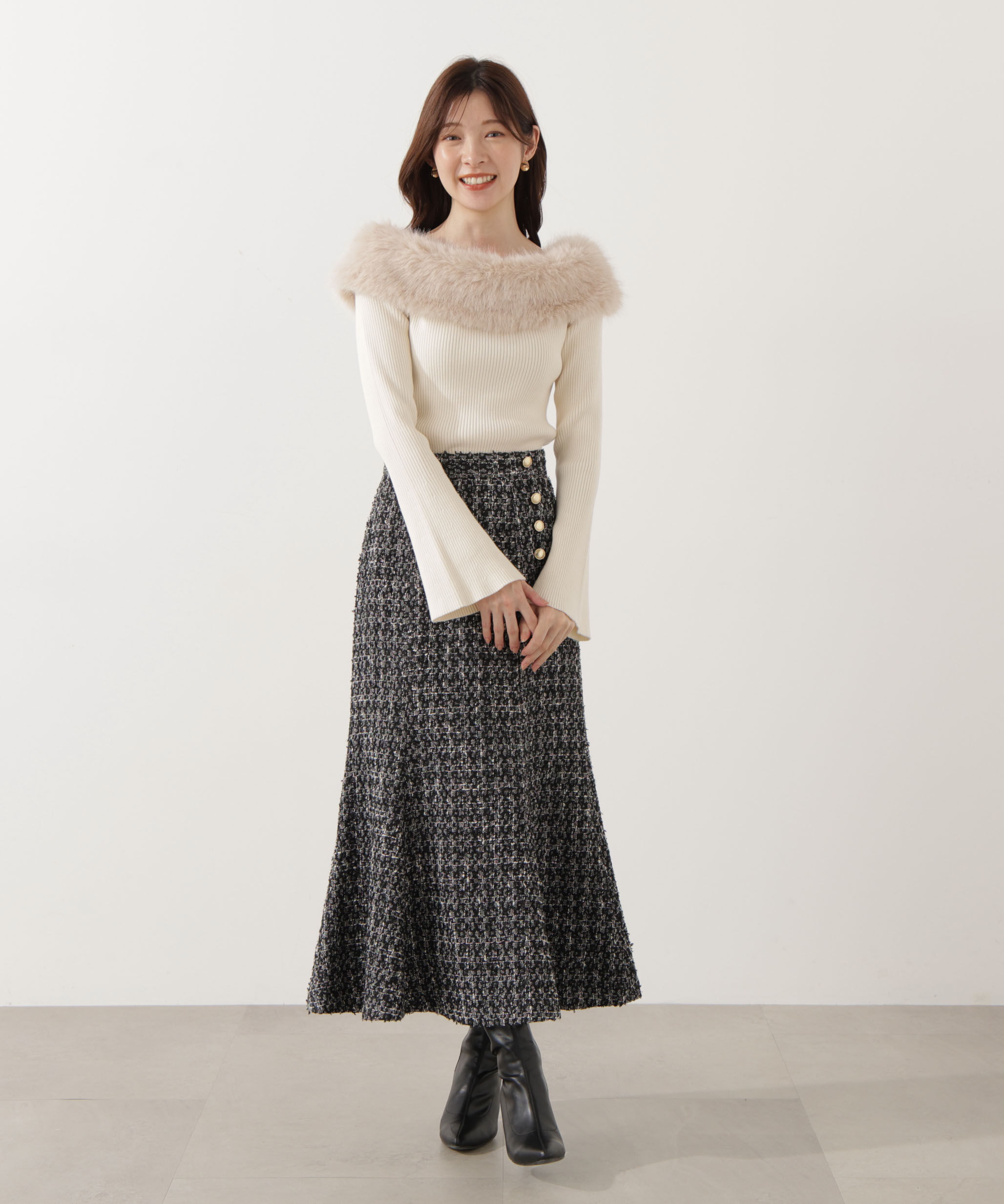 PROPORTION BODY DRESSING「フェイクファー付きオフショルニット 25AW」|ニット・セーター|