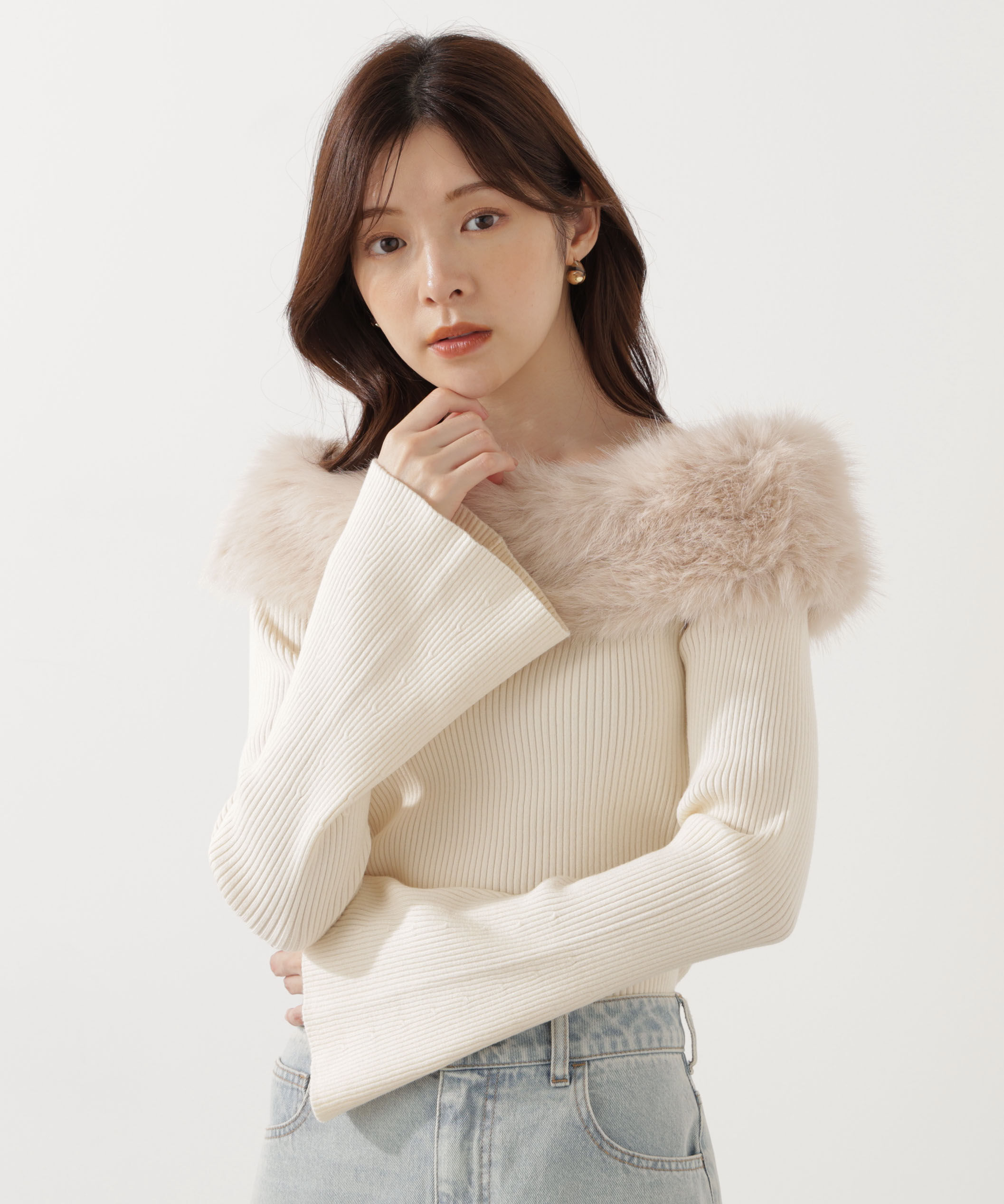 PROPORTION BODY DRESSING「フェイクファー付きオフショルニット 25AW」|ニット・セーター|