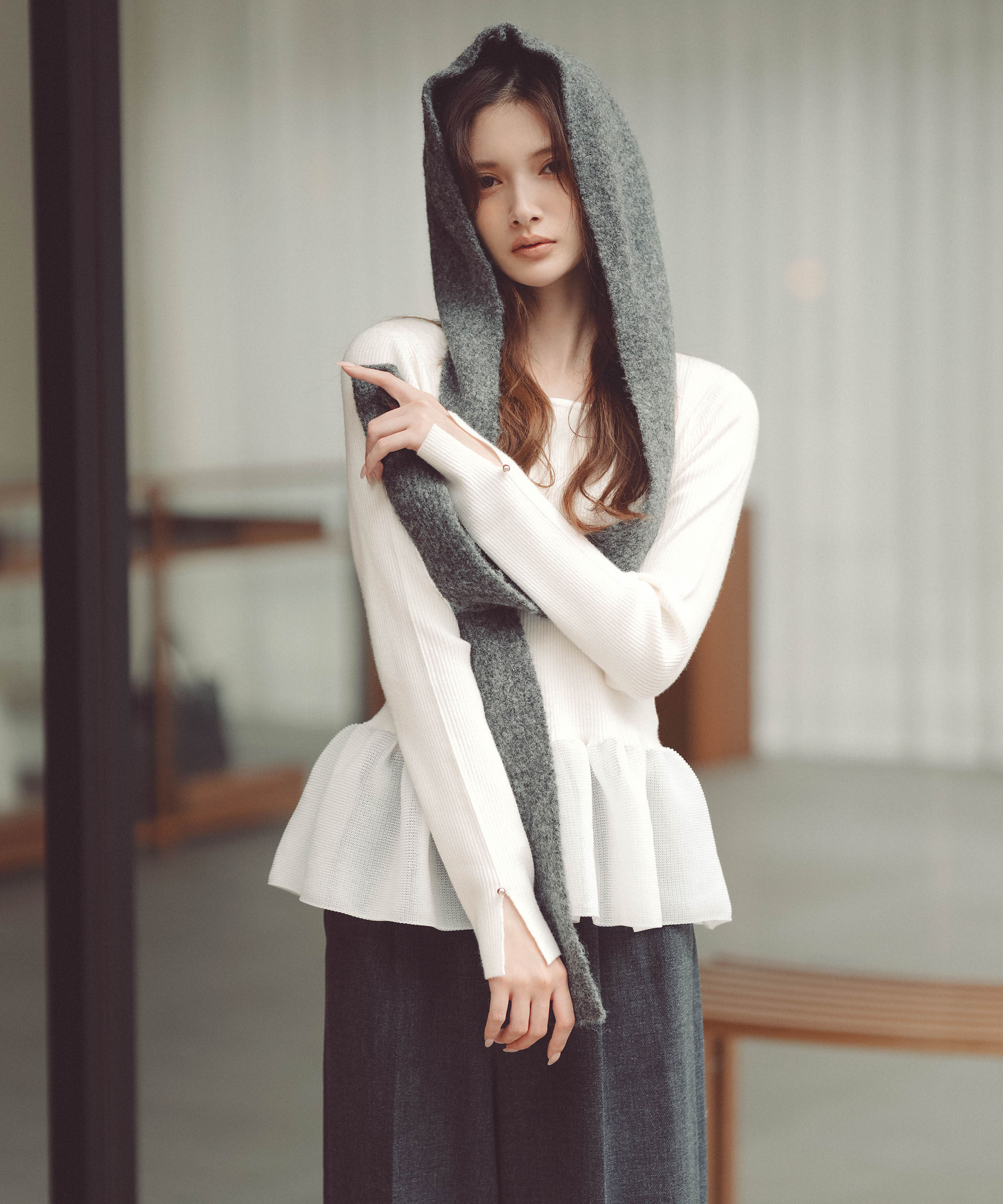 PROPORTION BODY DRESSING「＜ウォッシャブル＞ペプラムリブニット 25AW」|ニット・セーター|ホワイト