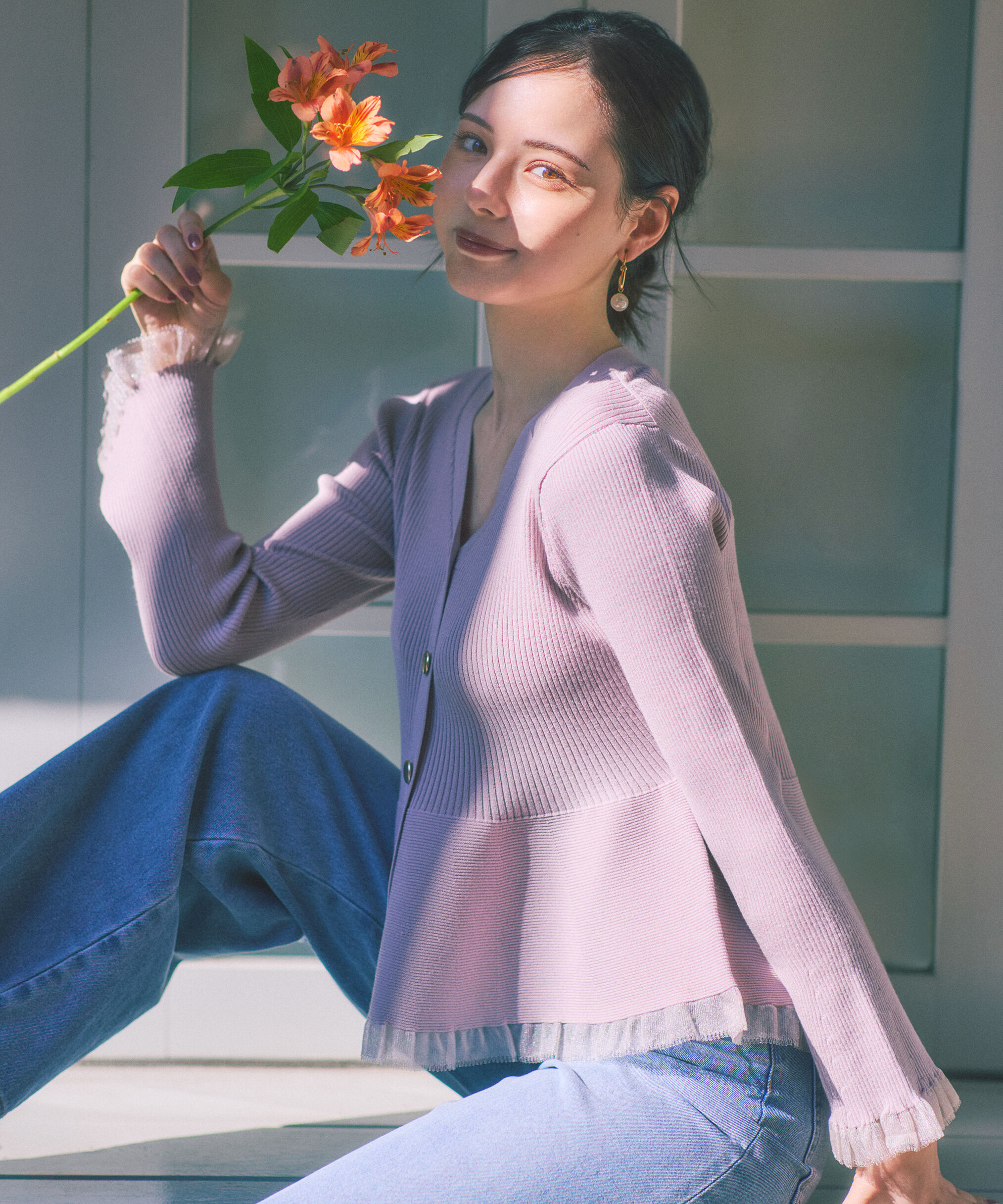 PROPORTION BODY DRESSING「シアー切替ペプラムニット　26SS」|ニット・セーター|ピンク