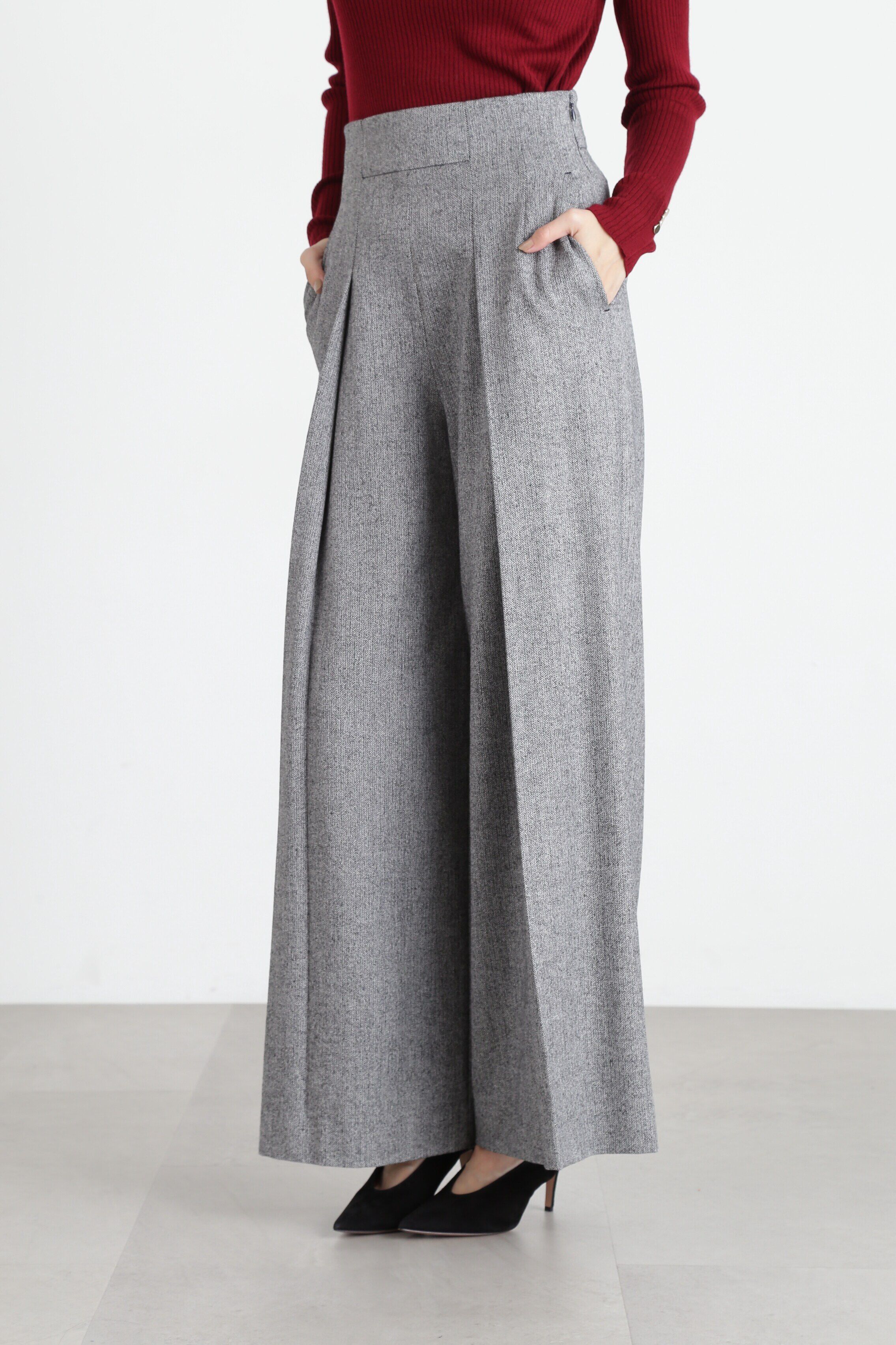  「へリンボーンタックワイドパンツ」|その他|ブラック