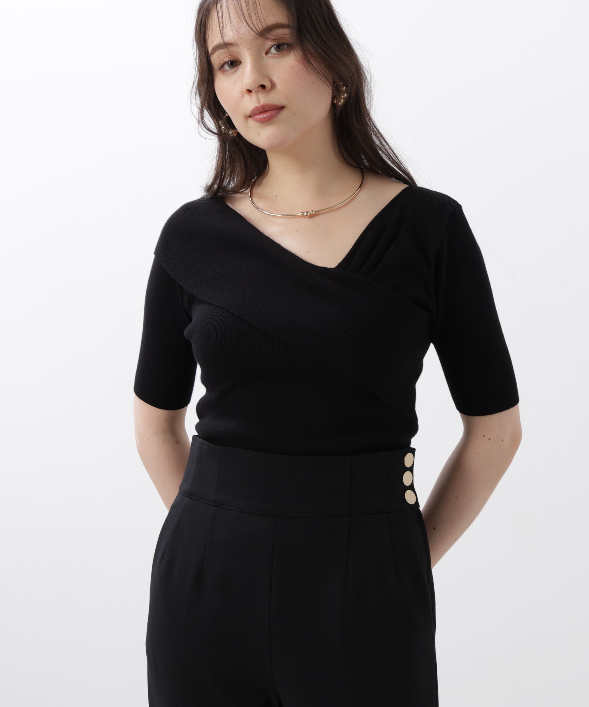  「◆アシンメトリーネックニットプルオーバー」|ニット・セーター|ブラック