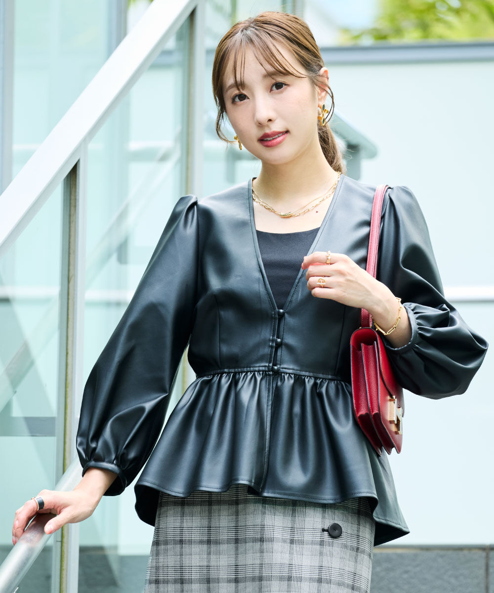  「◆フォーレザーペプラムブラウス」|シャツ・ブラウス|ブラック
