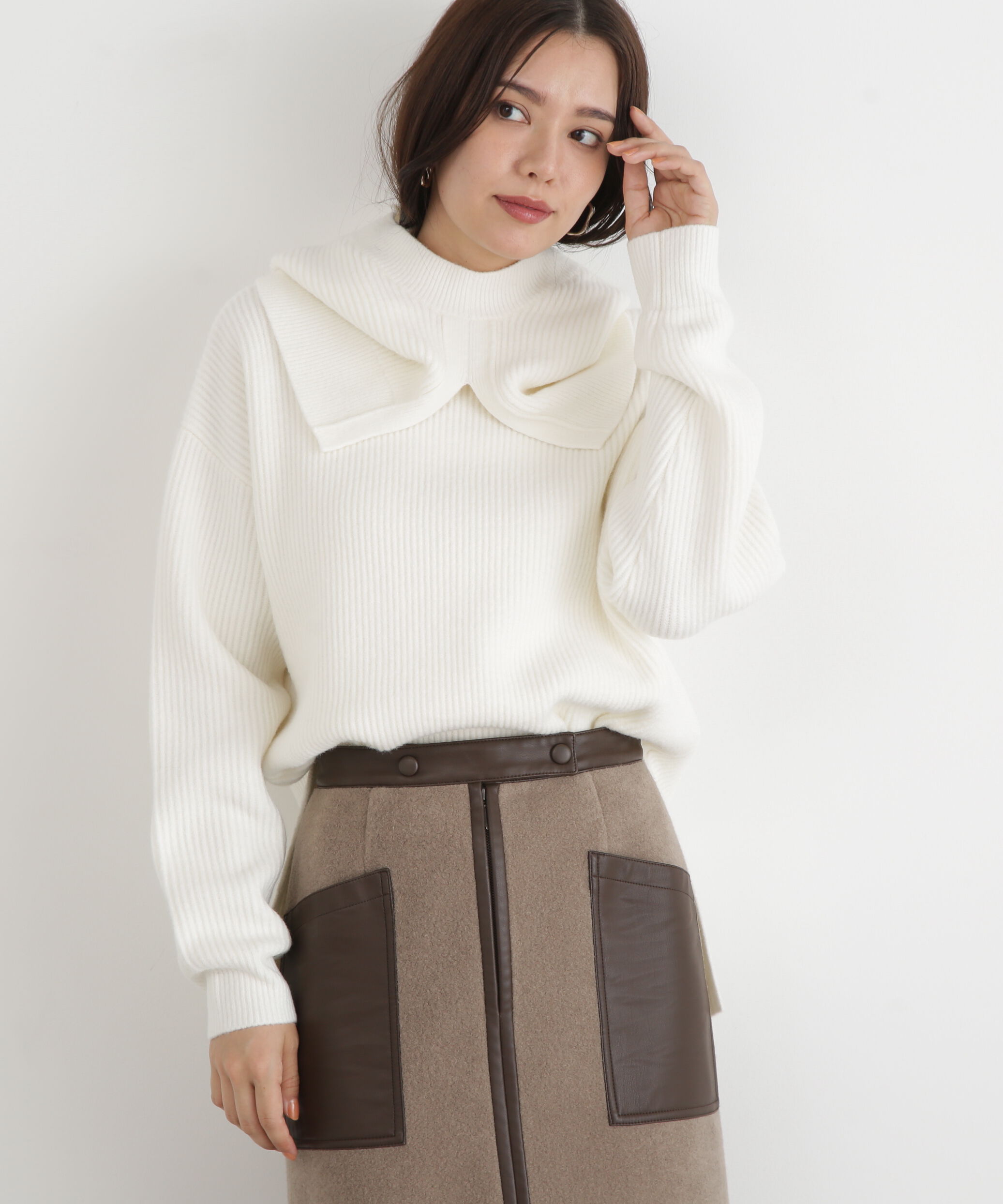  「◆フードスヌード付きニットプルオーバー」|ニット・セーター|ホワイト