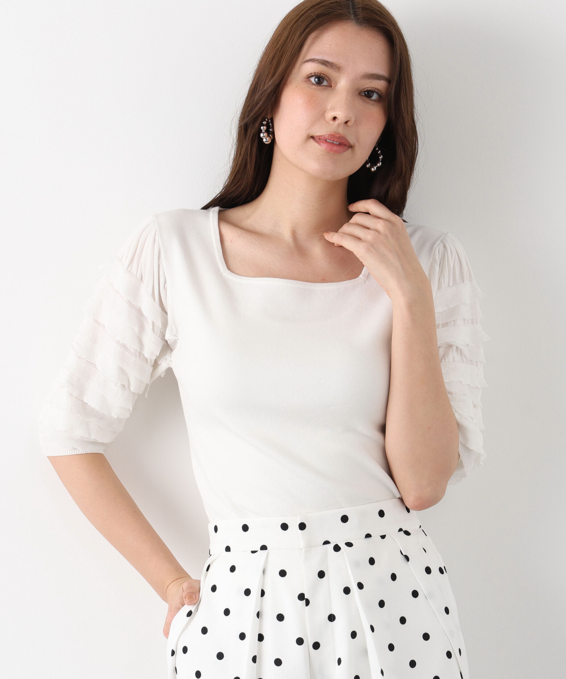  「ティアードスリーブスクエアネックニットプルオーバー」|ニット・セーター|ホワイト