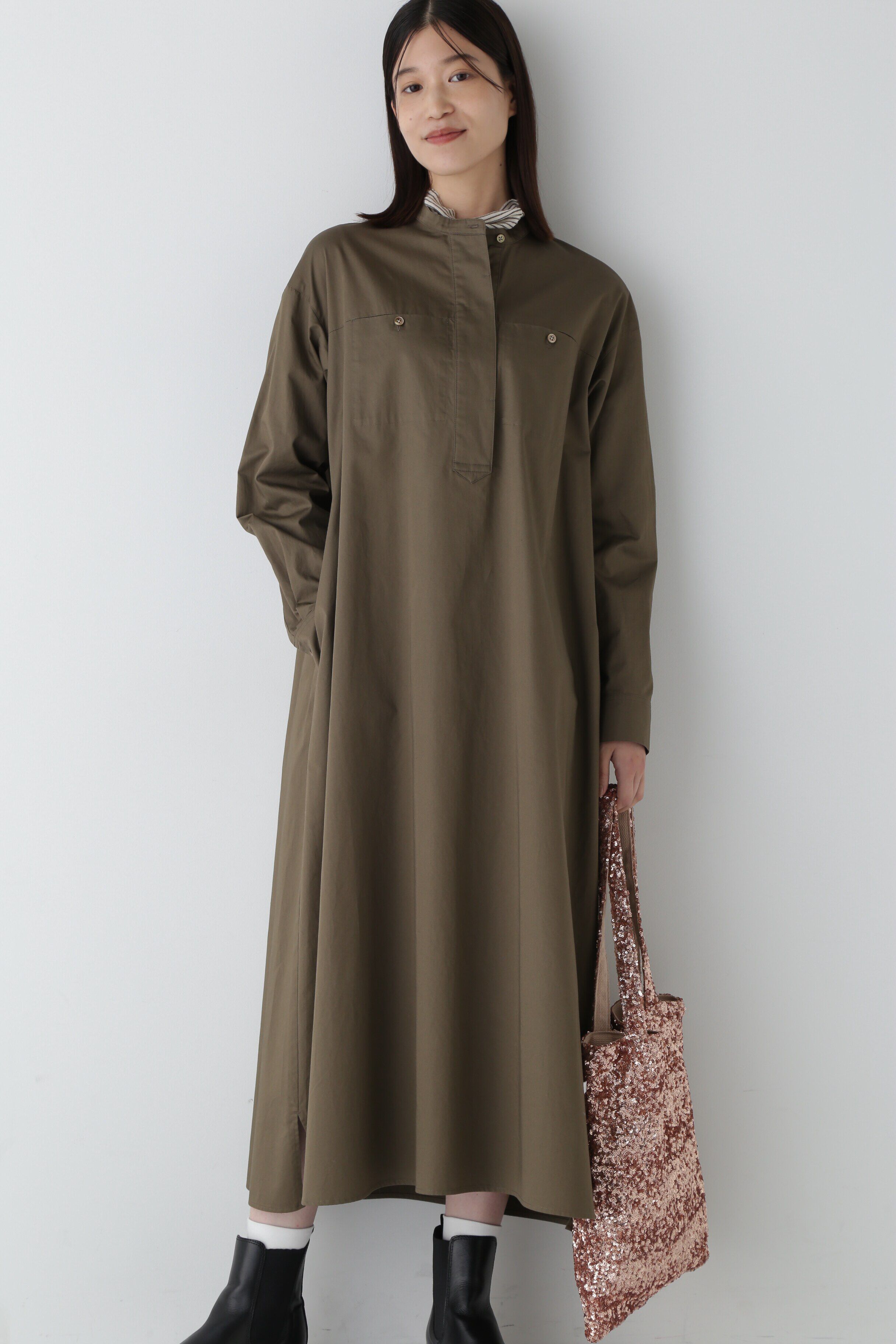  「◆コットンサテンバンドカラーシャツワンピース」|ワンピース|カーキ