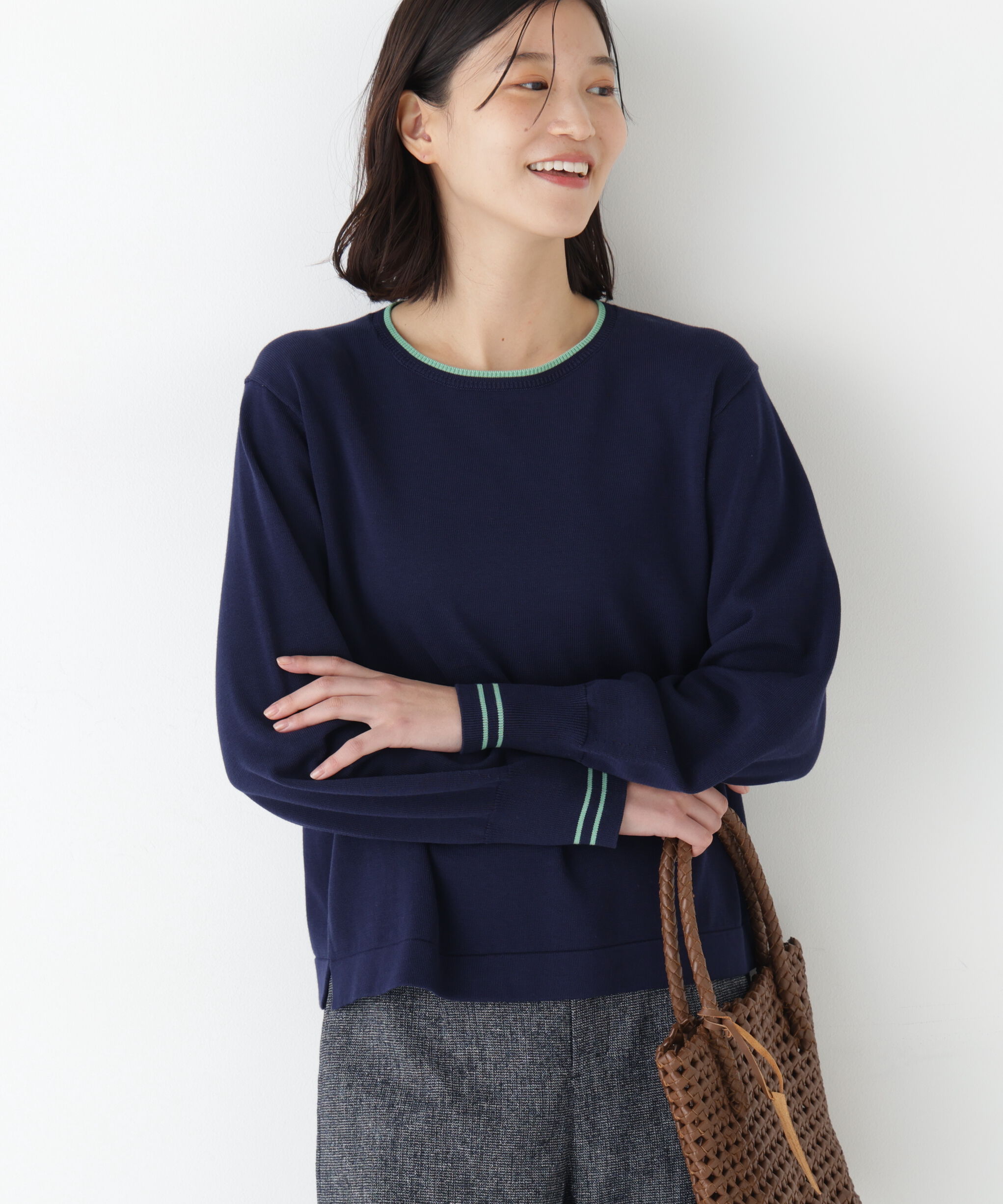  「◆《ウォッシャブル》オーガニックコットン混ライン入プルオーバー」|ニット・セーター|