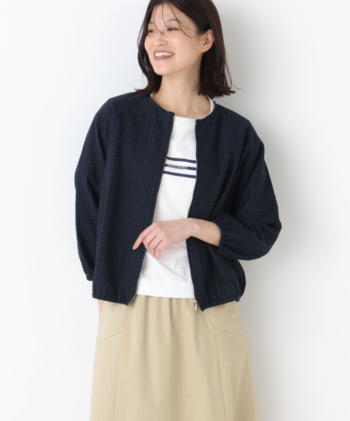  「◆ラッセルチェックレースジップブルゾン」|ブルゾン・スタジャン|ネイビー