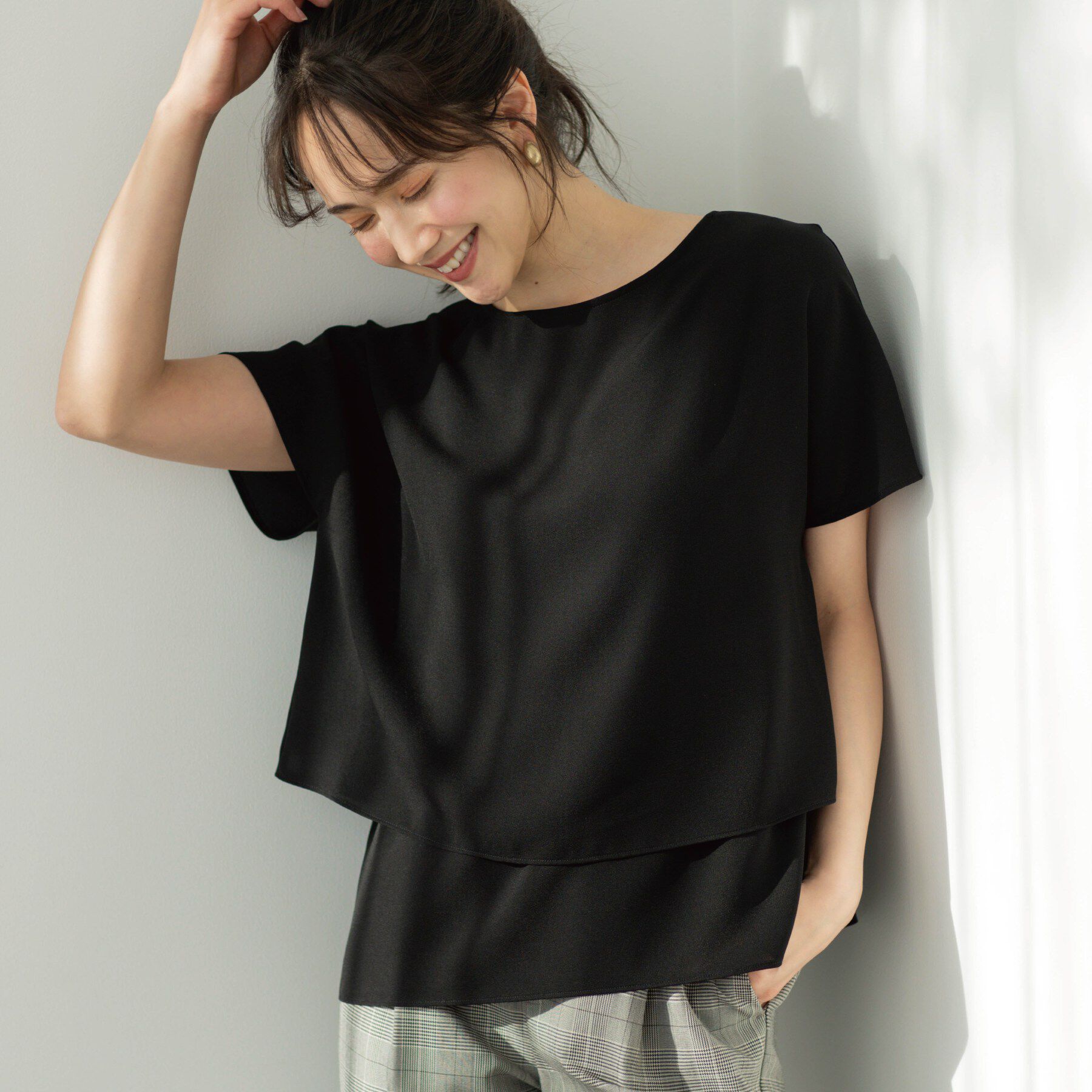 SHOO･LA･RUE「【洗濯機可/体型カバー】1枚でサマ見え バイカラーレイヤードブラウス」|シャツ・ブラウス|ブラック(019)