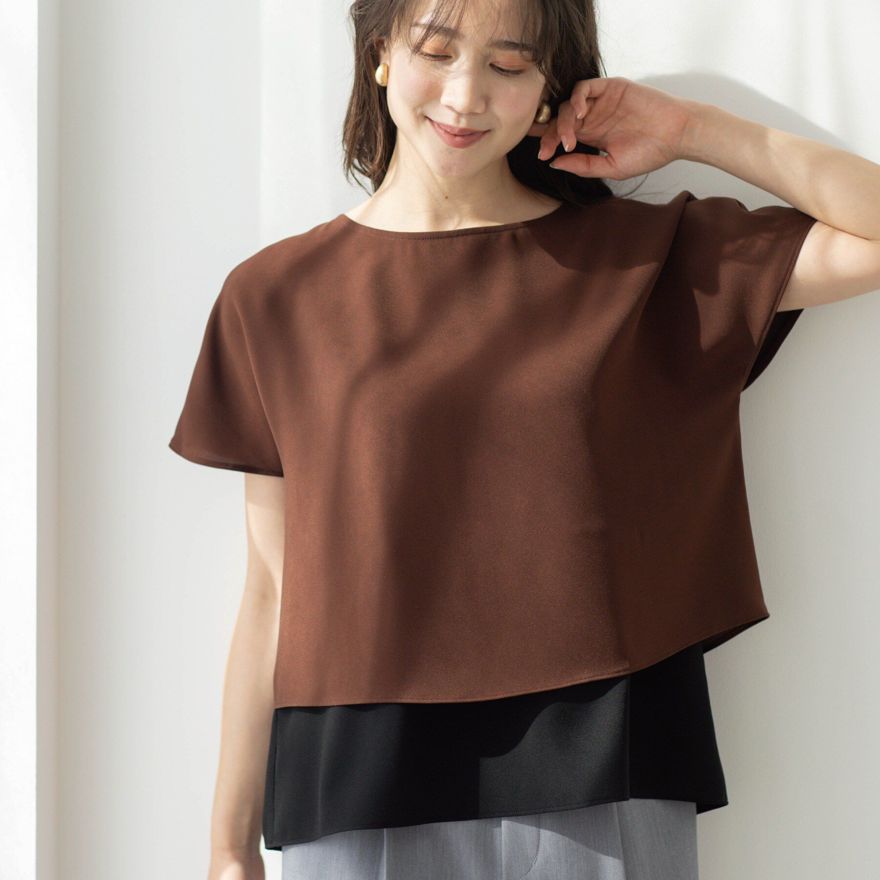 SHOO･LA･RUE「【洗濯機可/体型カバー】1枚でサマ見え バイカラーレイヤードブラウス」|シャツ・ブラウス|