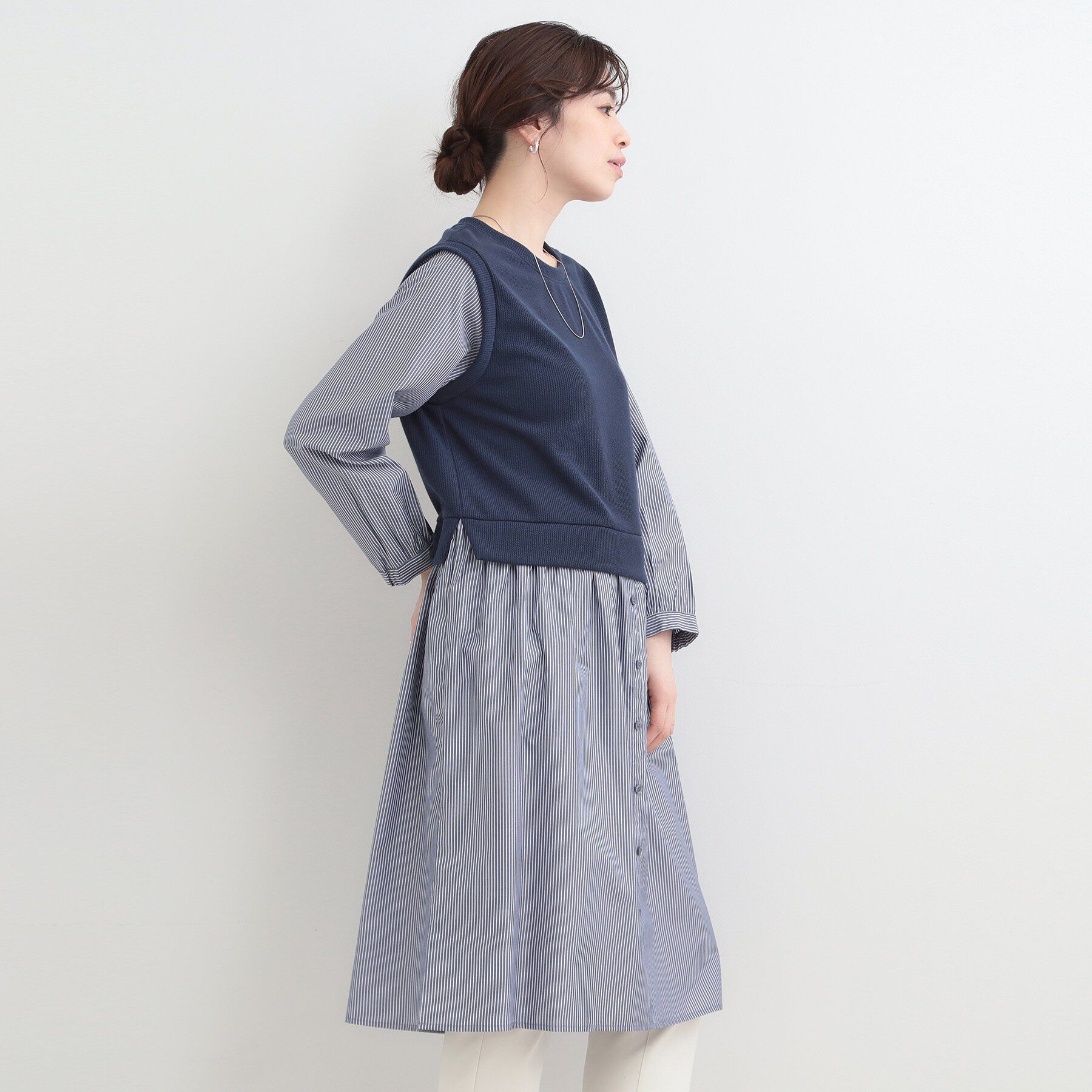 SHOO･LA･RUE「【S-LL/体型カバー】ストライプが爽やか　ベストドッキングシャツワンピース」|ワンピース|