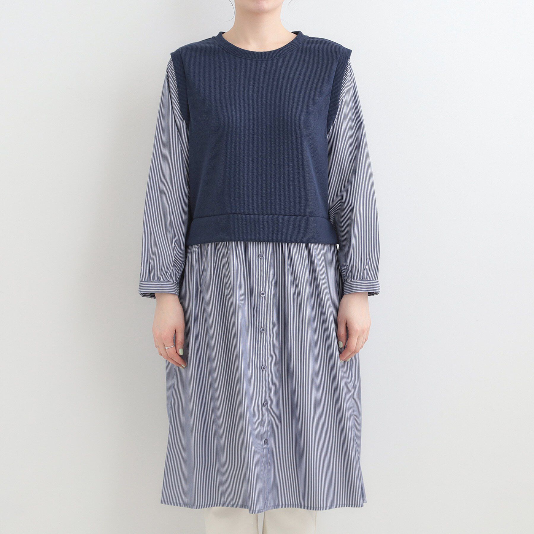 SHOO･LA･RUE「【S-LL/体型カバー】ストライプが爽やか　ベストドッキングシャツワンピース」|ワンピース|