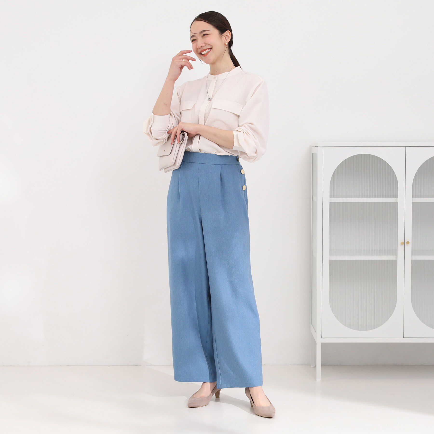 SHOO･LA･RUE「【S=LL】脚のラインを拾いにくい サイドボタン付きデニム風ワイドパンツ」|その他|