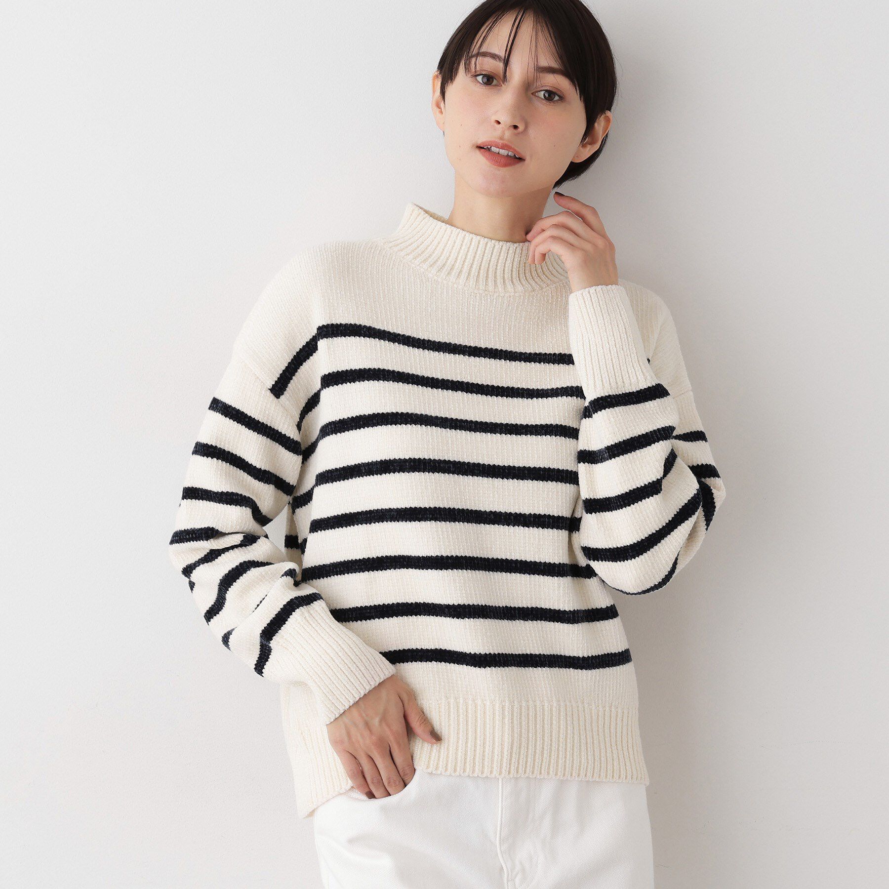 Dessin「【洗える】ハイネックベロアモールニット」|ニット・セーター|アイボリー(304)