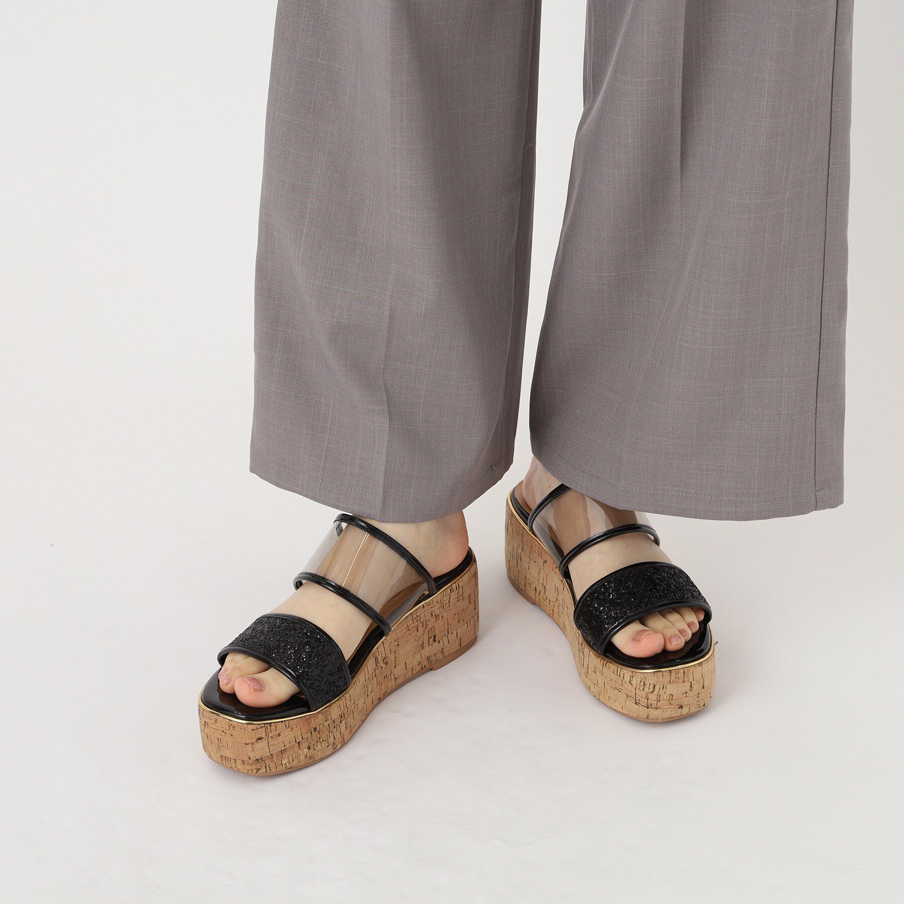 ESPERANZA「グリッター&times;クリアベルト 厚底コルクサンダル」|サンダル|