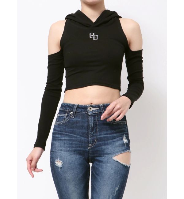 GYDA「GGフードショルダーオープンデザインショートトップス」|Tシャツ・カットソー|ブラック