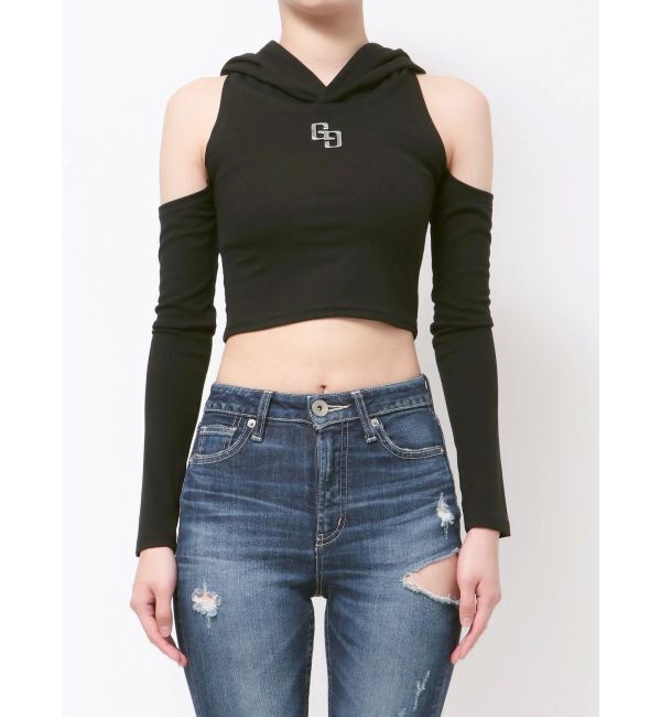 GYDA「GGフードショルダーオープンデザインショートトップス」|Tシャツ・カットソー|