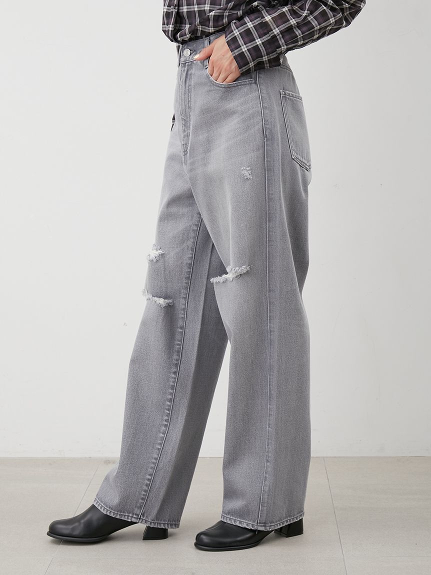 Mila Owen「ダメージ加工ルーズストレートデニムパンツ」|デニム|