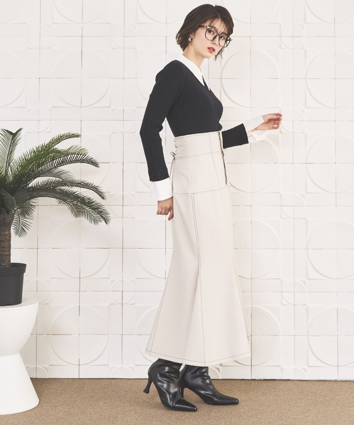 アンドクチュール「シャツレイヤード風ケーブル編みプルオーバー」|ニット・セーター|