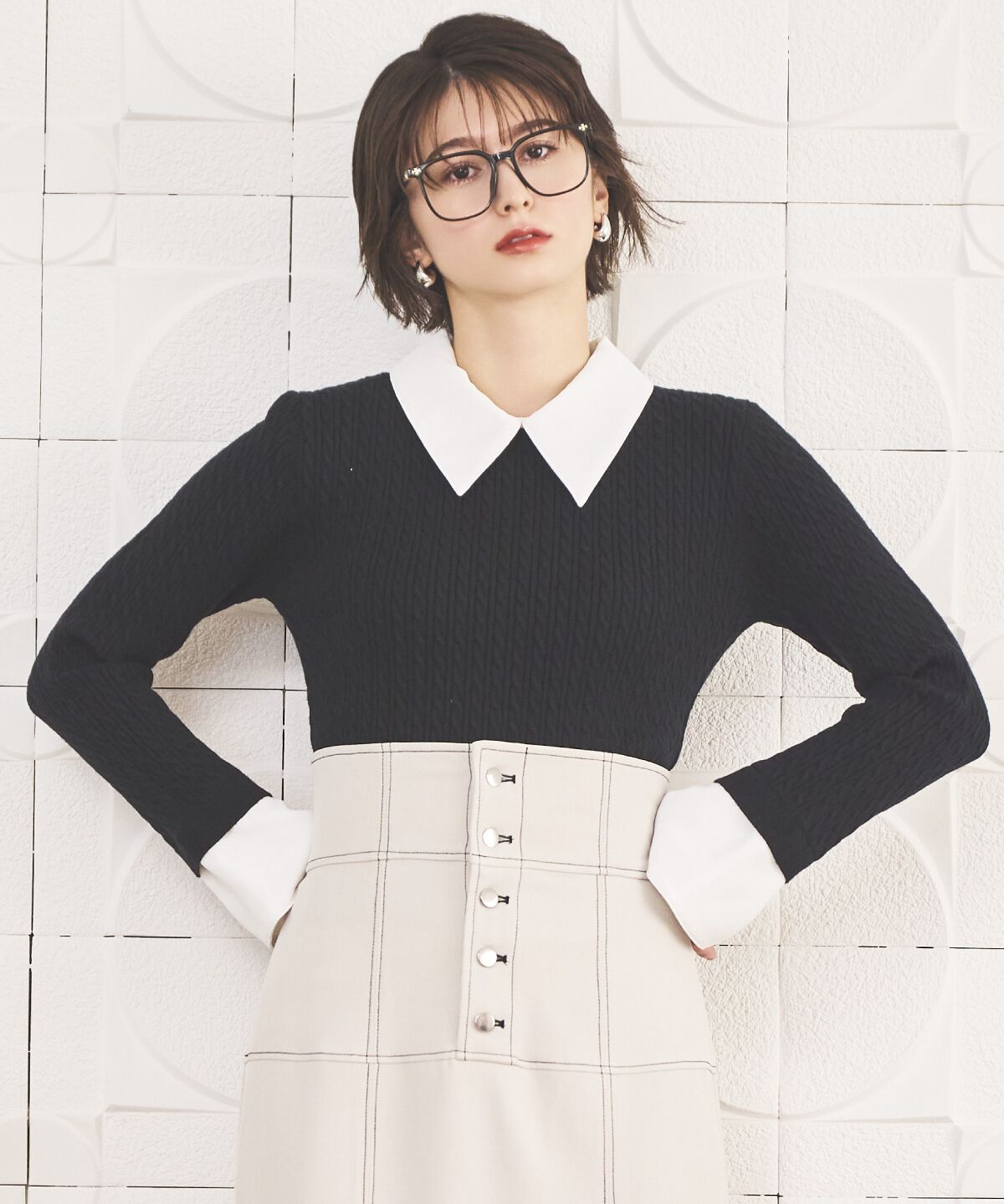 アンドクチュール「シャツレイヤード風ケーブル編みプルオーバー」|ニット・セーター|ブラック