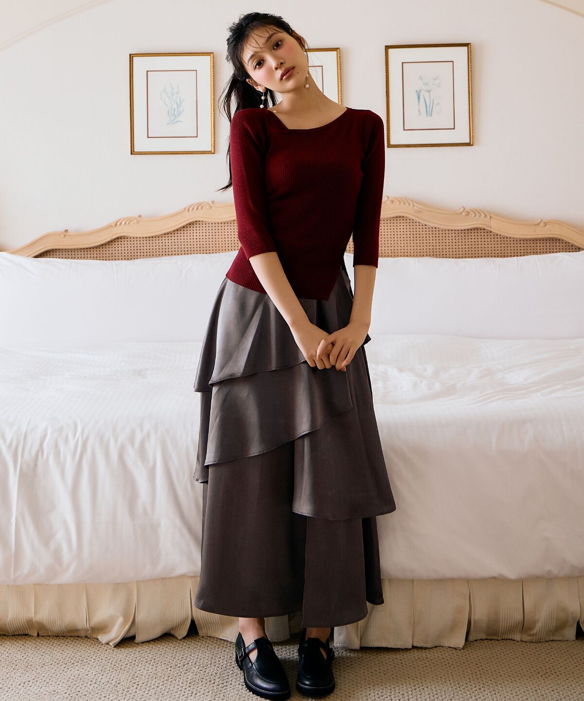 アンドクチュール「サテンアシメフリルティアードスカート」|フレア|ﾁｬｺｰﾙｸﾞﾚｰ