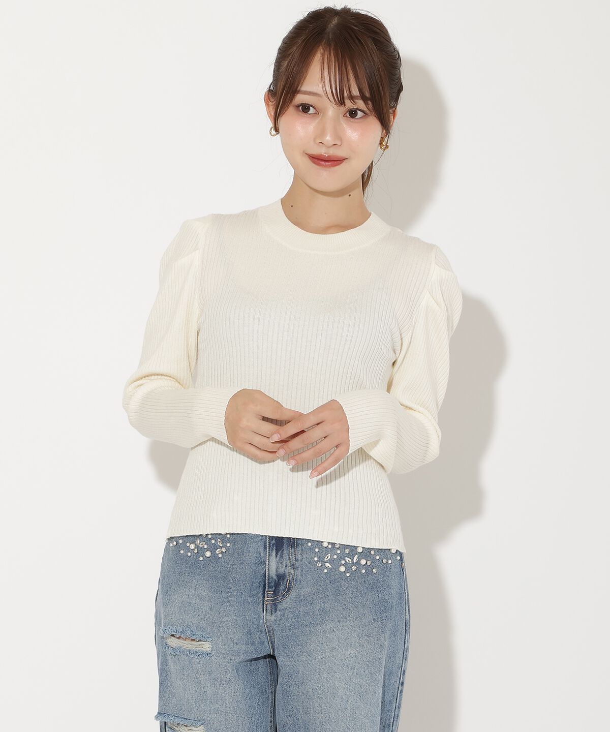 アンドクチュール「肩ギャザーハイネックリブニット」|ニット・セーター|オフ