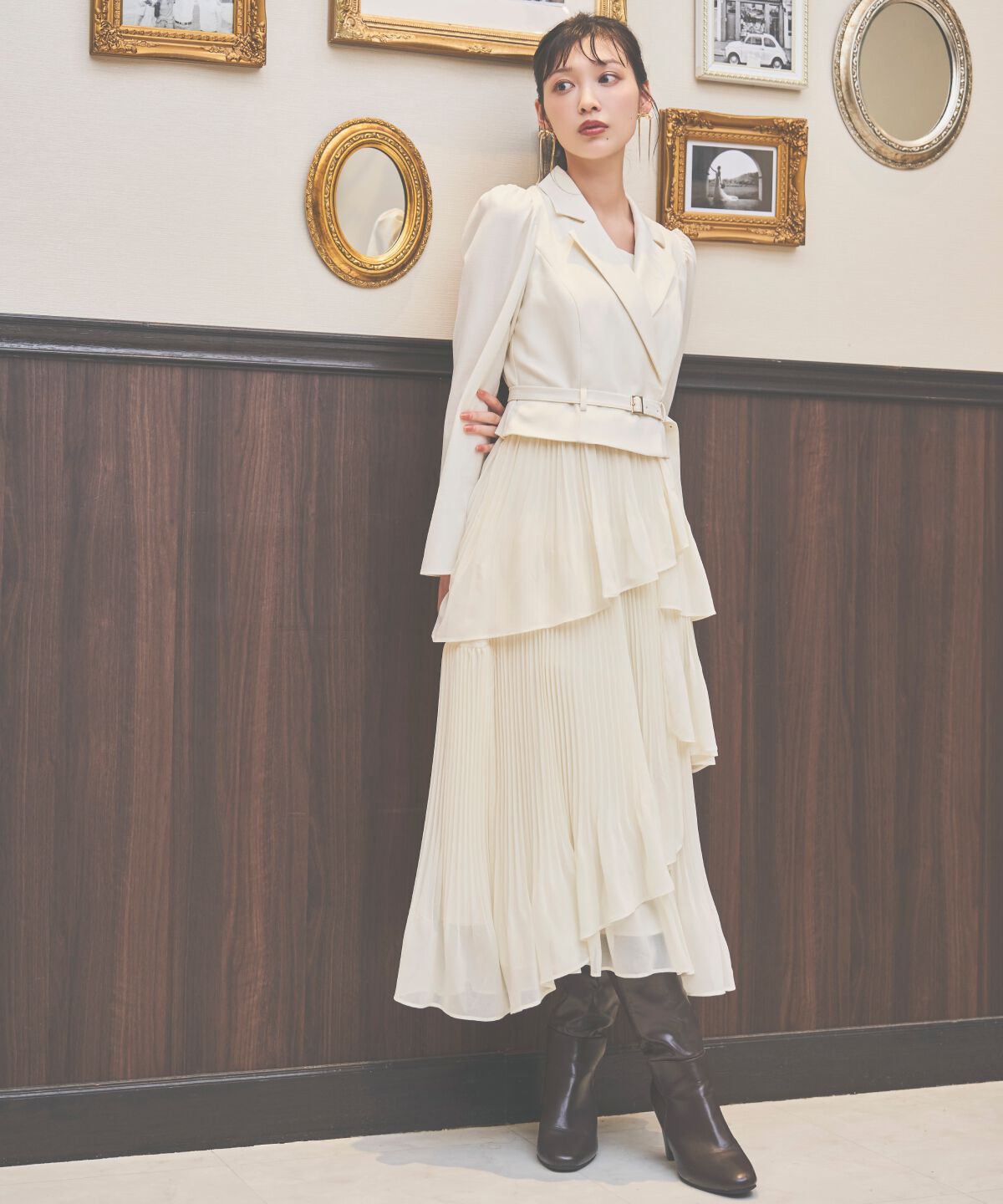 アンドクチュール「ジャケットレイヤードプリーツワンピース」|ワンピース|